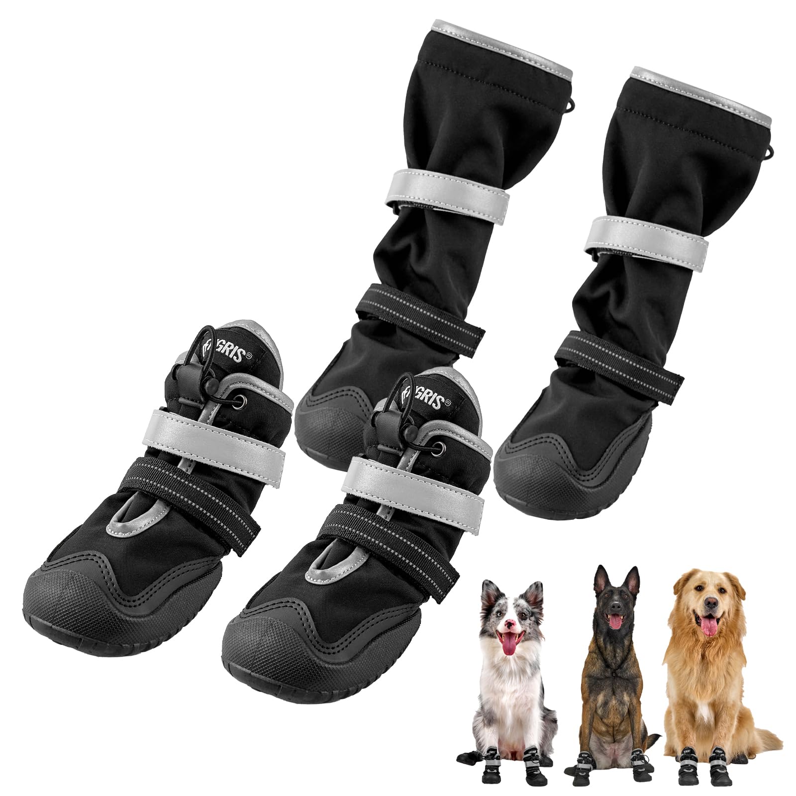OneTigris 4 Stück Anti-Rutsch Hundeschuhe, Pathfinder Pfotenschutz Wasserdicht, Verstellbar, mit Reflektierenden Klettverschlüss für Mittlere und Große Hunde - Schwarz, Größe 6
