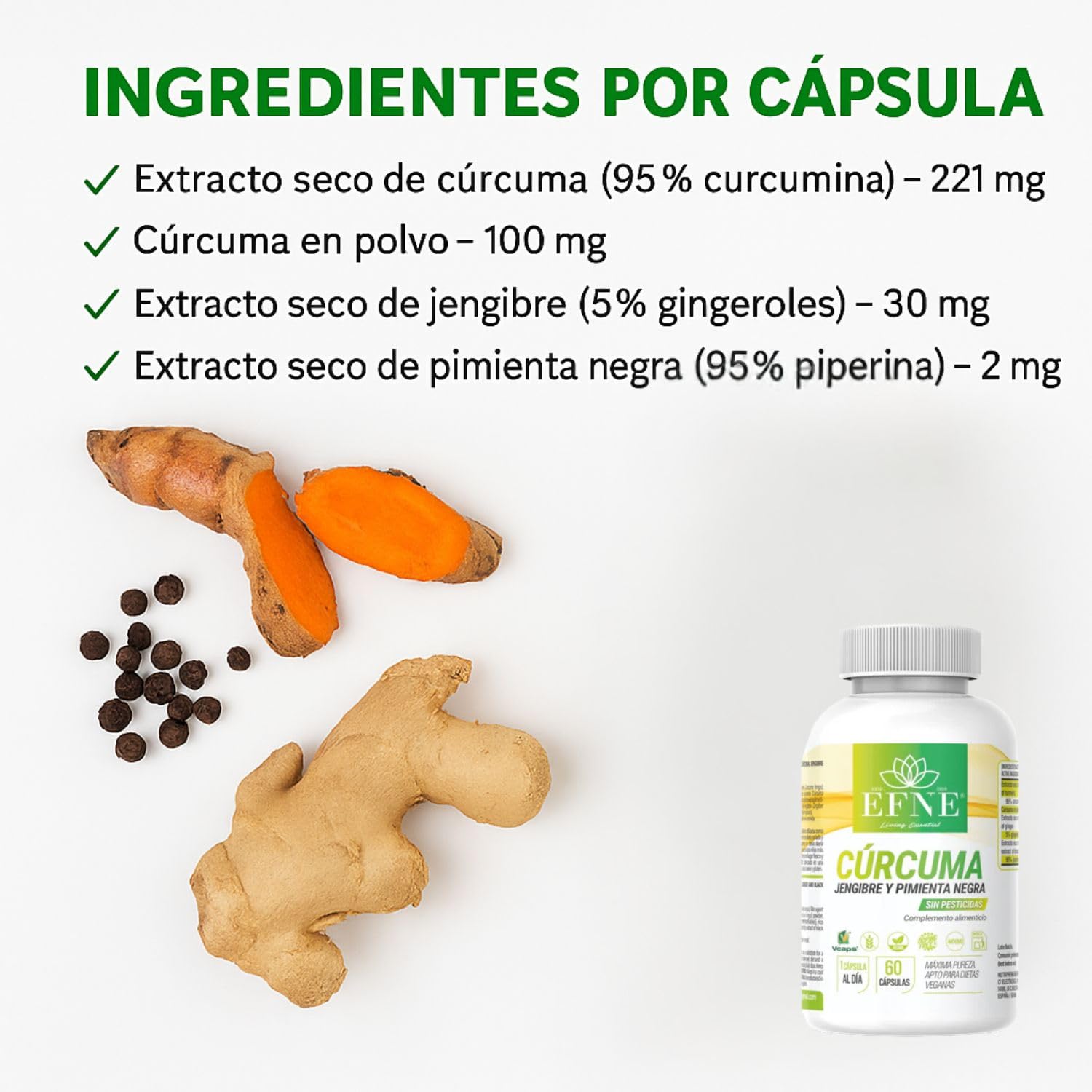 EFNE CURCUMINA FORTE – Cúrcuma + Jengibre + Pimienta Negra | 60 cápsulas veganas | Extracto de cúrcuma 95% curcumina + jengibre 5% gingeroles + piperina 95% | Sin gluten ni lactosa