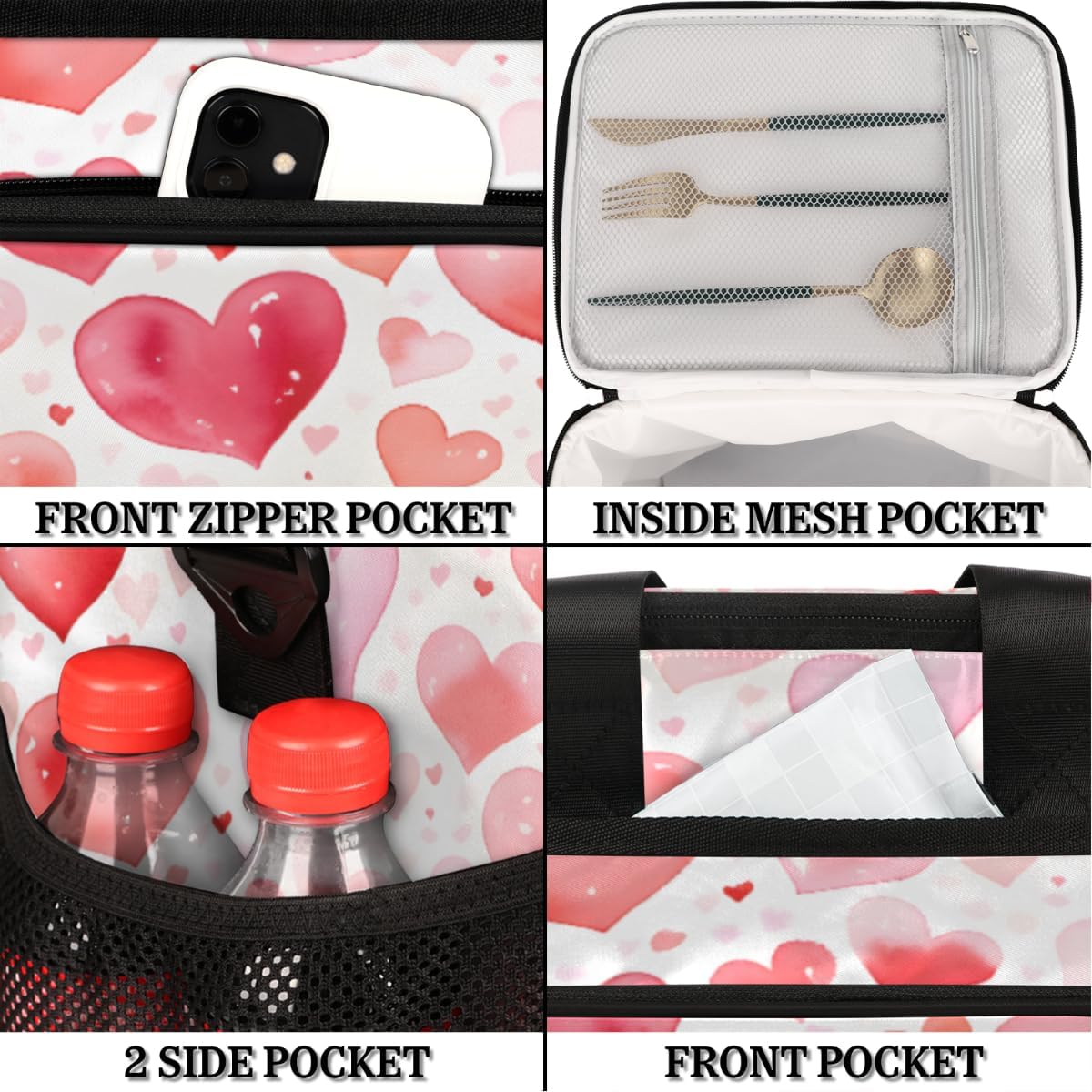 Insulated Picnic Backpack Lunch Box for Women Men Picnic Basket Tote Lunch Bag Picnic Bag Portable Lunch Bags for Picnic, Beach, Work, Trip,Office, Camp Pinks Love Heart