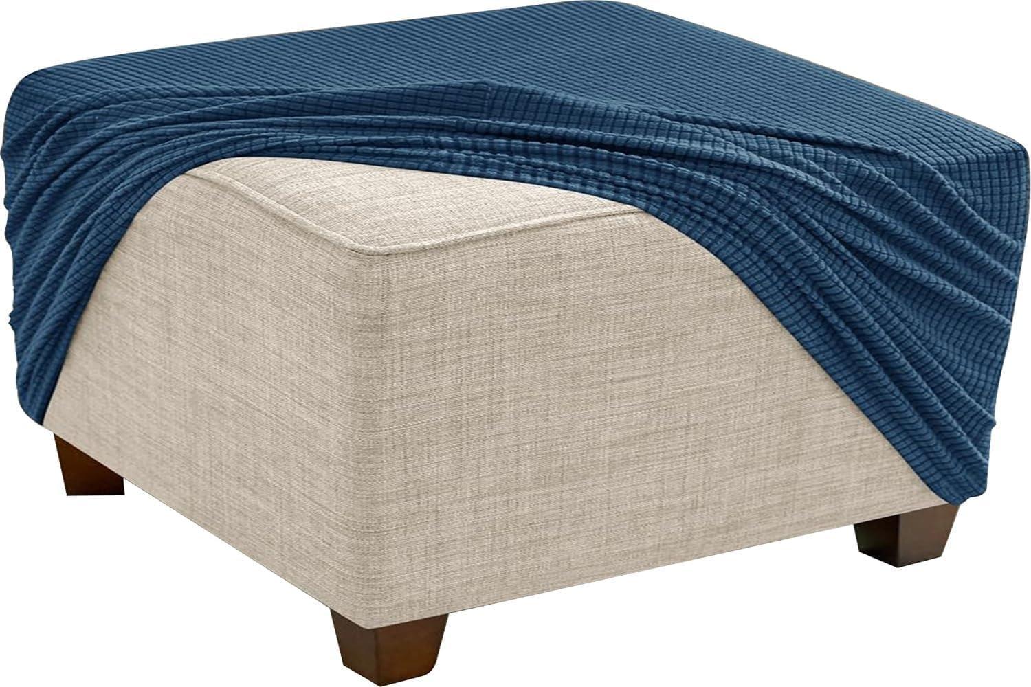 Light Blue Square Ottoman Cover, Jacquard Anti-Slip Slipcover for Modular Storage Pouf & Footrest Protector, Medium Size Dark Gray Large
