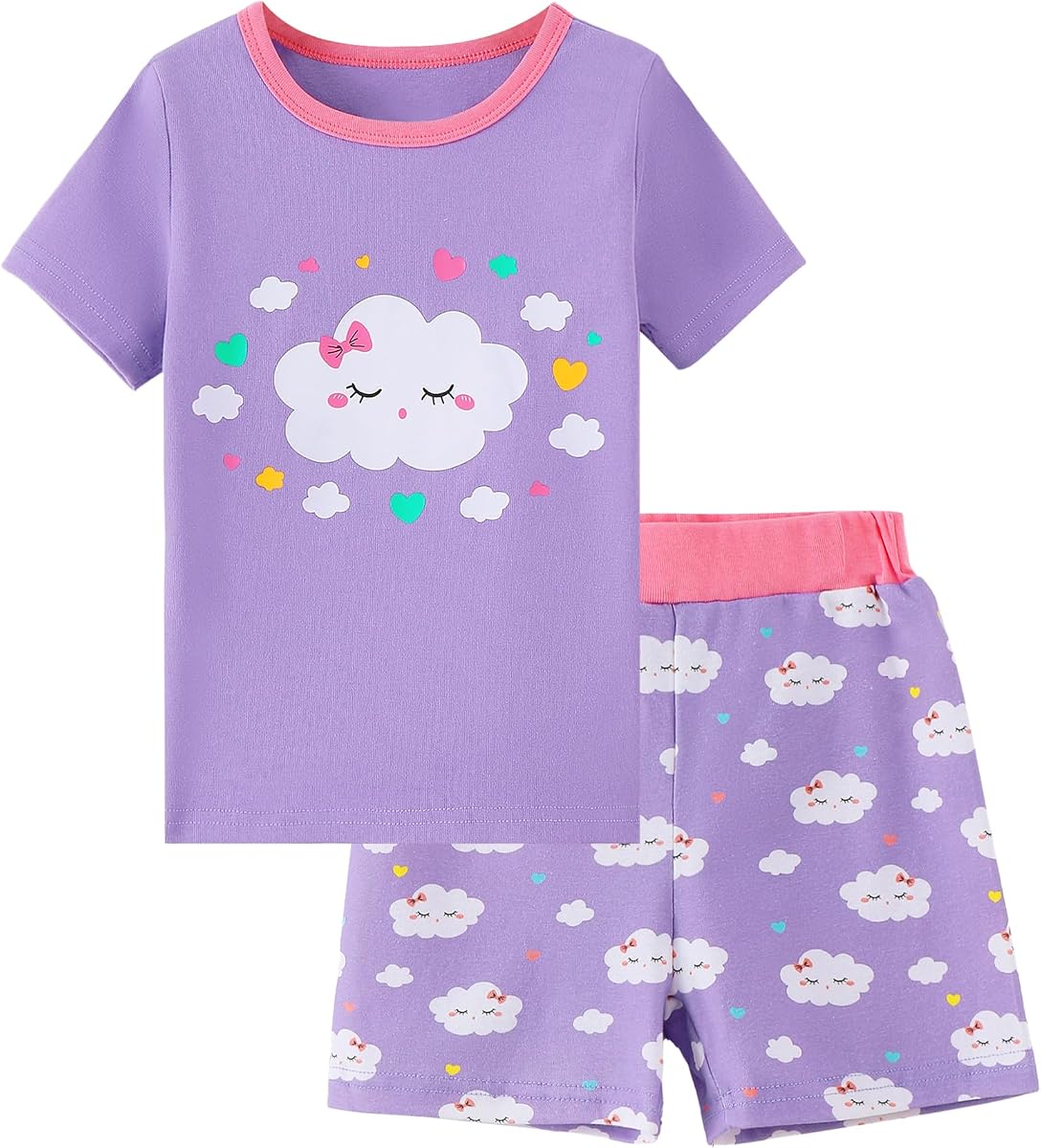 Pijamas para Niñas, 2 Piezas, Verano, Algodón Suave, Manga Corta, Ropa de Dormir para Niños Pequeños, Pijamas Ajustados para Niños, Talla 2-14 Años