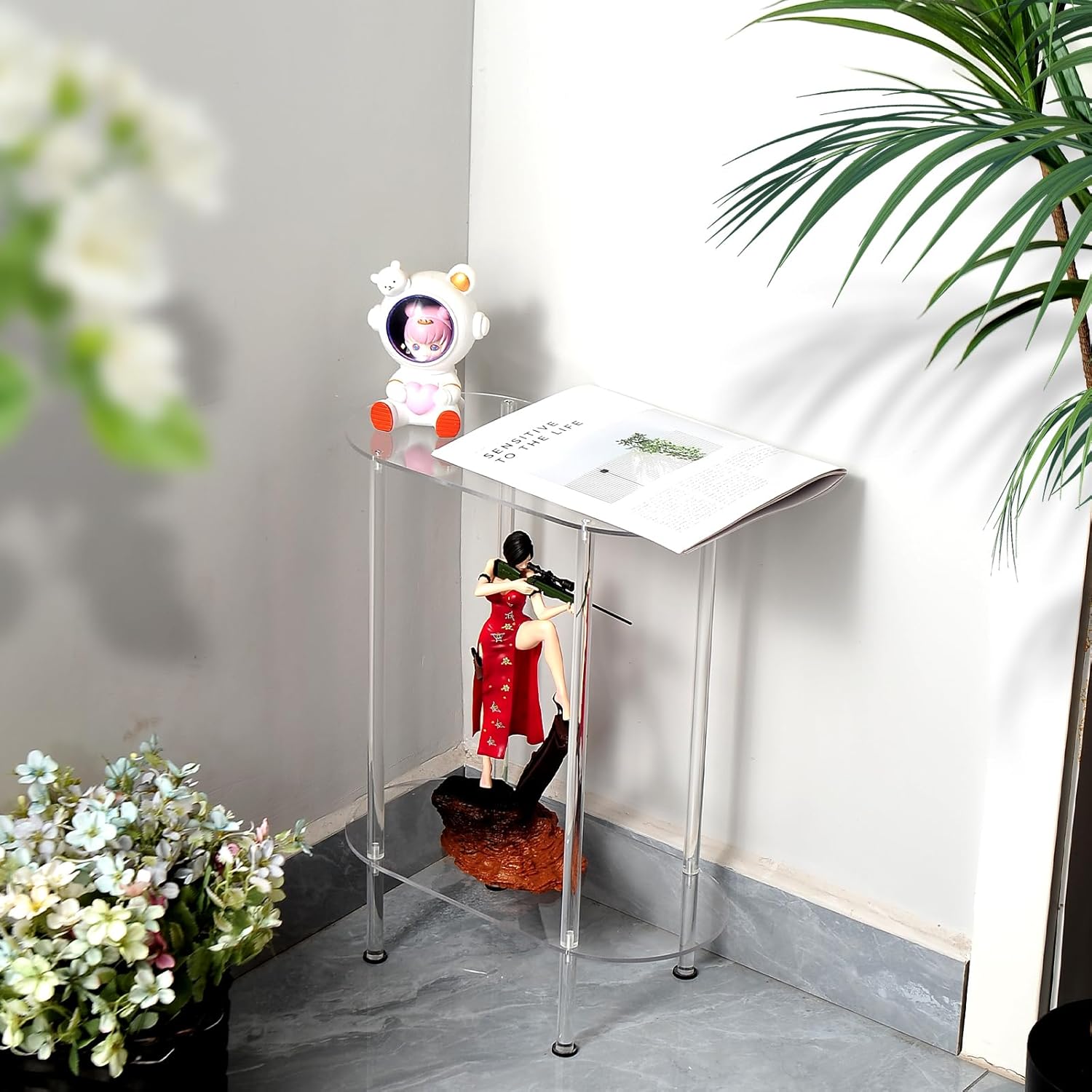 Modern Clear Acrylic Narrow Side Table for Small Spaces, 15.55" L x 7.87" W x 19.68" H, 2 Tier Oval End Table Nightstand, Small Bedside Table for Bedroom, Bathroom, Living Room(Oval)