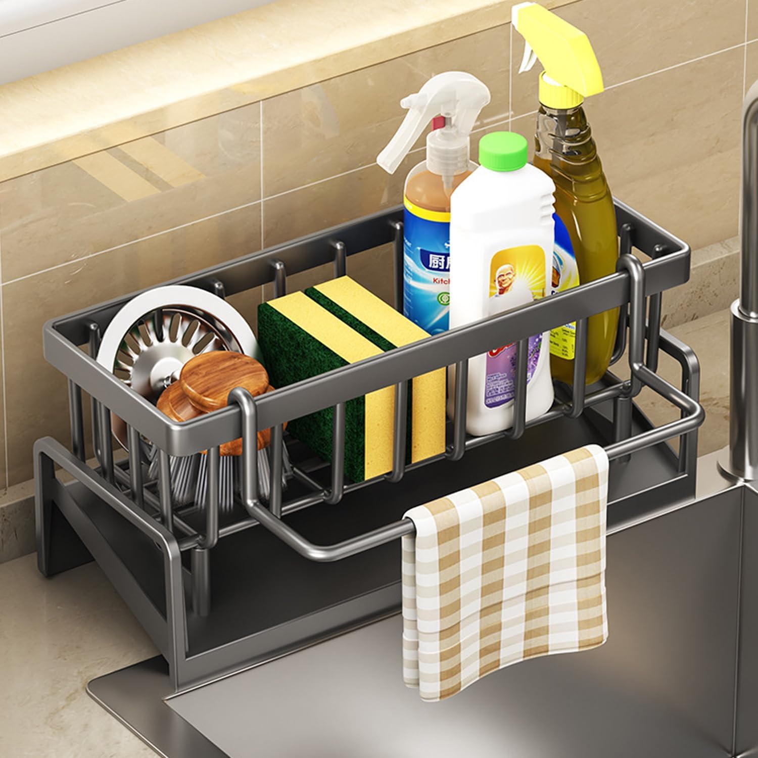 Kitchen Organizer Solutions Sink Caddy, Metal Auto-Draining Organizer with Sponge Holder, Dish Brush Storage, Soap Dispenser Rack, Towel Bar, Super Organise for Kitchen and Bathroom-picture-20