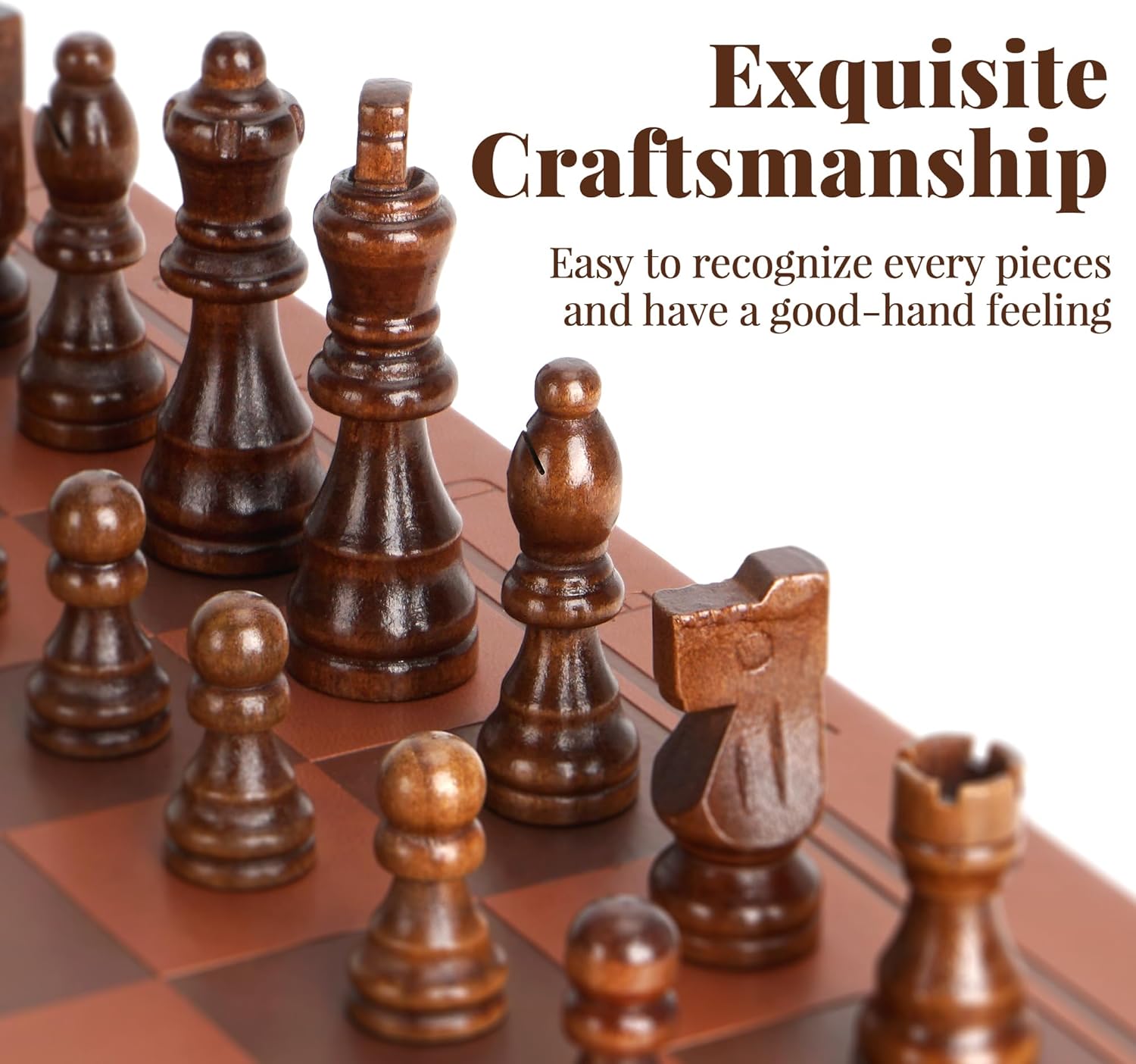 Magnetic Chess Set 15.5 Inch Chess Boards for Adults & Kids, Leather & Wooden Folding Board with Handmade Wood Pieces, Travel Chess Sets Game with Portable Handle for Beginners Professionals