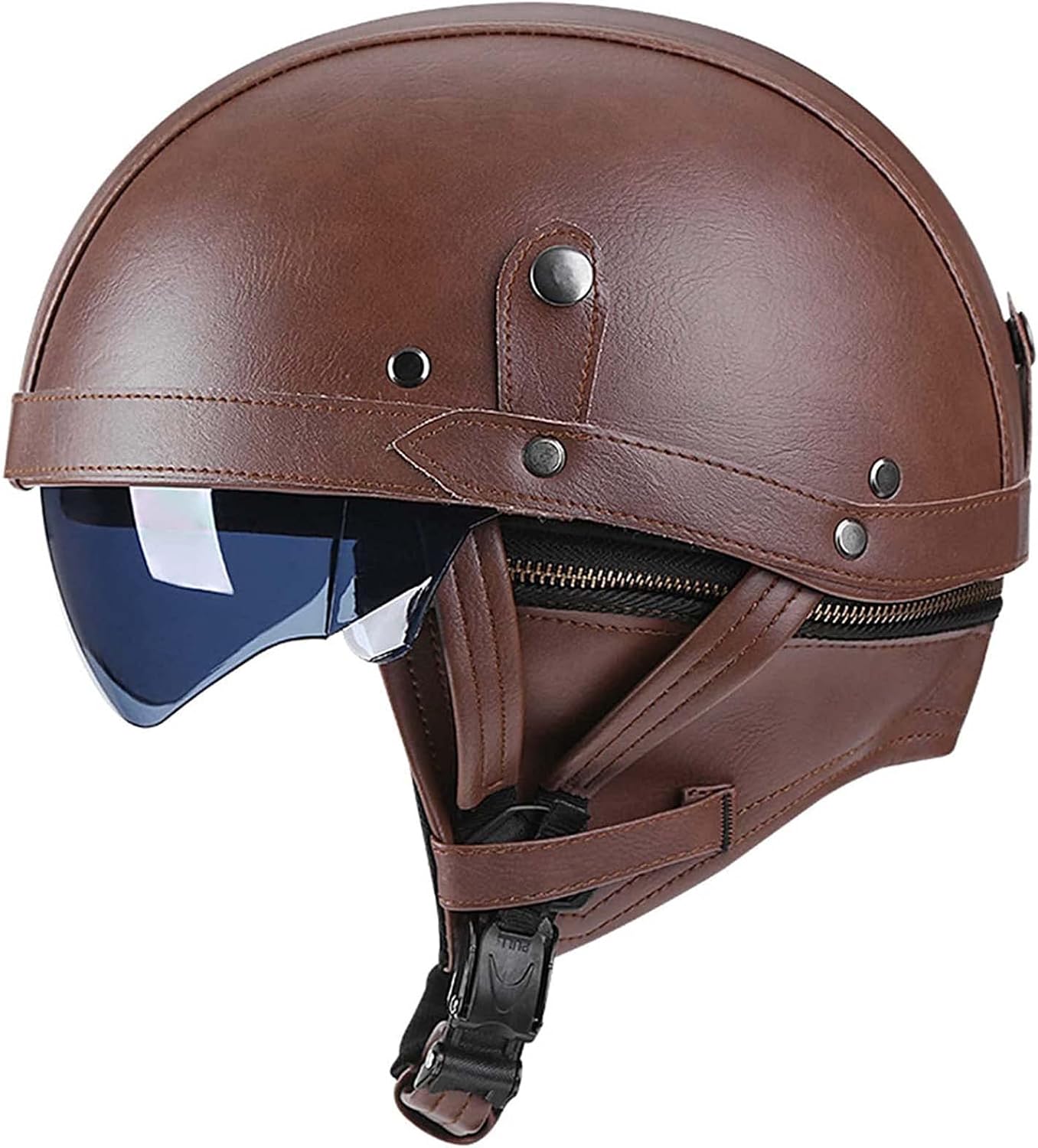 RUANLOV Motorcycle Vintage German Leather Half Face Helmet with Goggles Hidden,DOT Approved Adult Men Women Retro Open Face Helmet, for Bicycle Cruiser Scooter Skull Cap (C XXL=61~62CM)