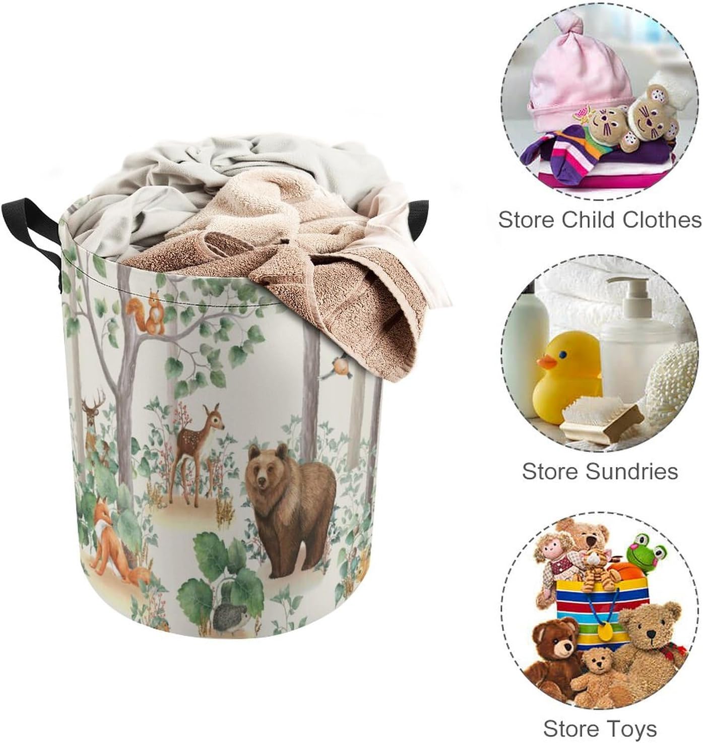 Brebasf Rustic Woodland Freestanding Waterproof Laundry Basket,Cute Country Lodge Cabin Forest Animals Bear Deer Fox Freestanding Waterproof Laundry Basket 13.8"W x 17.3"H