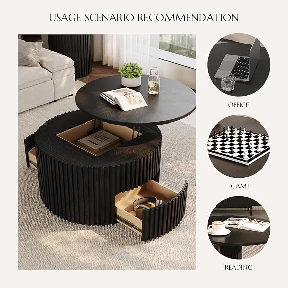 POVISON Round Coffee Table with Storage, Lift Top Coffee Table for Living Room, 31.65 Fluted Mid Century Modern Center Table for Home, Office, Black, Fully Assembled