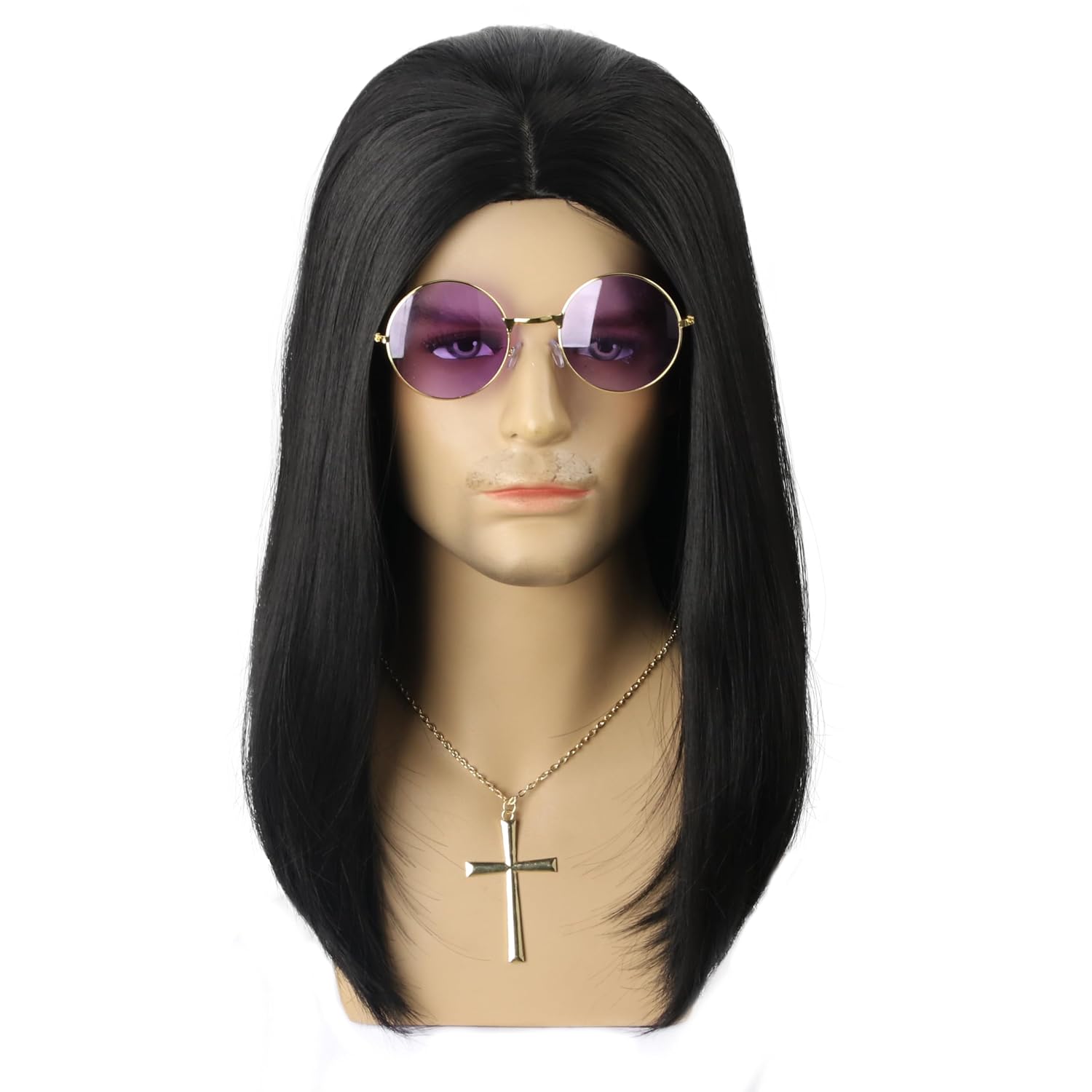 70s 80s Long Black Straight Men's Wig Medium Length Man Hair with Retro Sunglasses and Cross Necklace