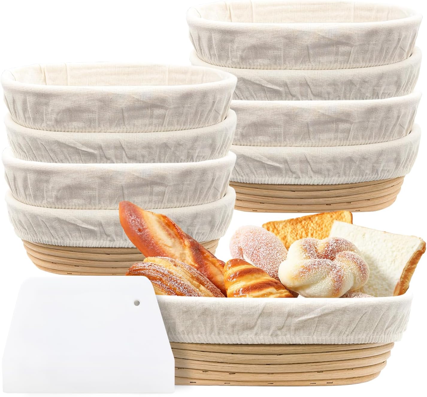 GEMLORD Oval Banneton Bread Proofing Basket Set of 8, 10 Inch Sourdough Proofing Bowl with Cloth Liner and Dough Scraper, Natural Rattan Sourdough Baking Basket for Home & Professional Bakers