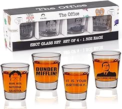 The Office Shot Glass Gift Set of 4, TV Show Merchandise, Keepsake for Fans Lovers, Birthday Presents for Men/Women, Dunder Mifflin, Bears Beets Battlestar Galactica, 1.5 oz