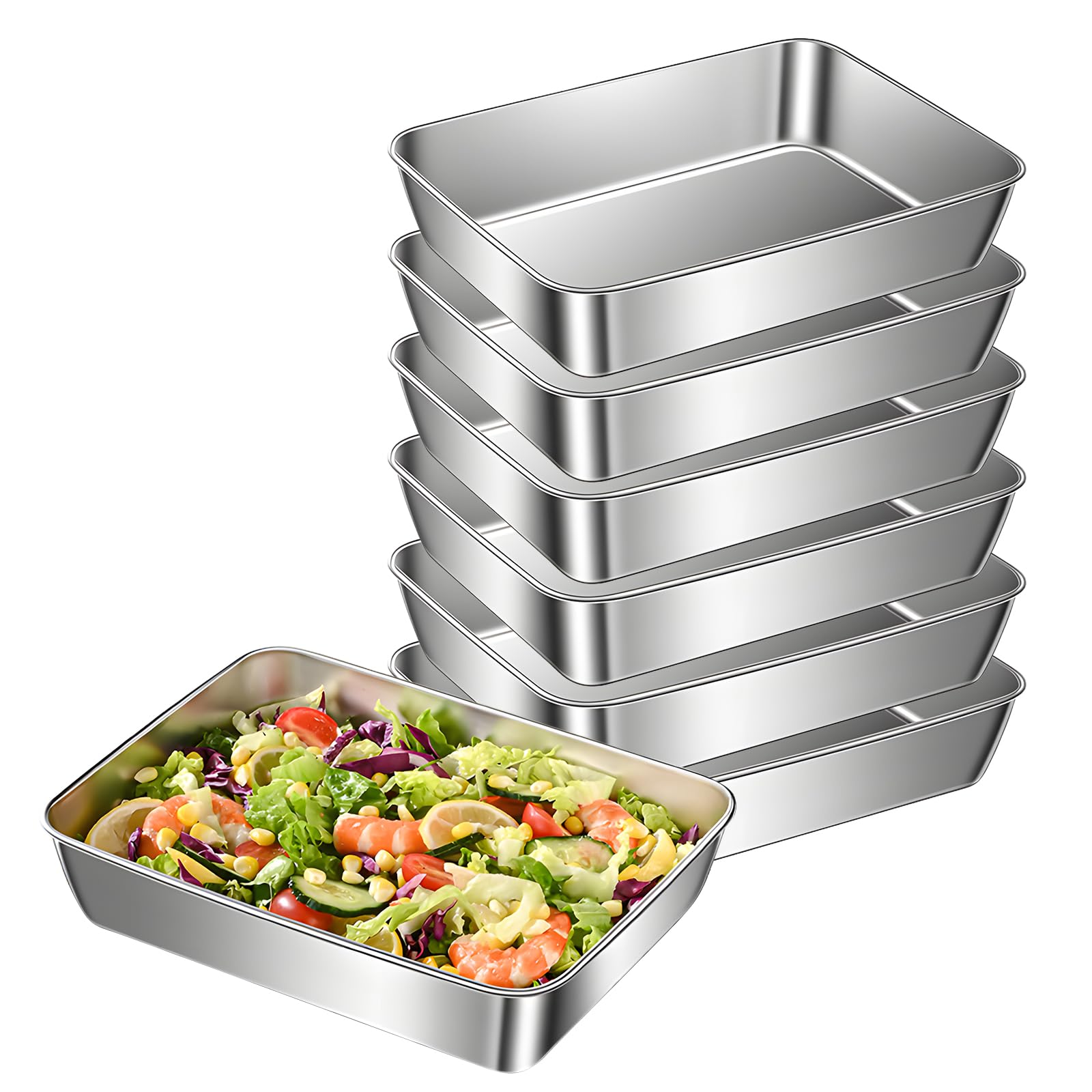 SUNOYA Set Di 6 Teglie Per Impanatura, 2200ml Teglie Per Impanatura In Acciaio Inox, Vaschette Da Panier 25.5x20x5.5cm, Teglia Forno Rettangolare Inox Per Insalata, Carne Marinatura Conservazione