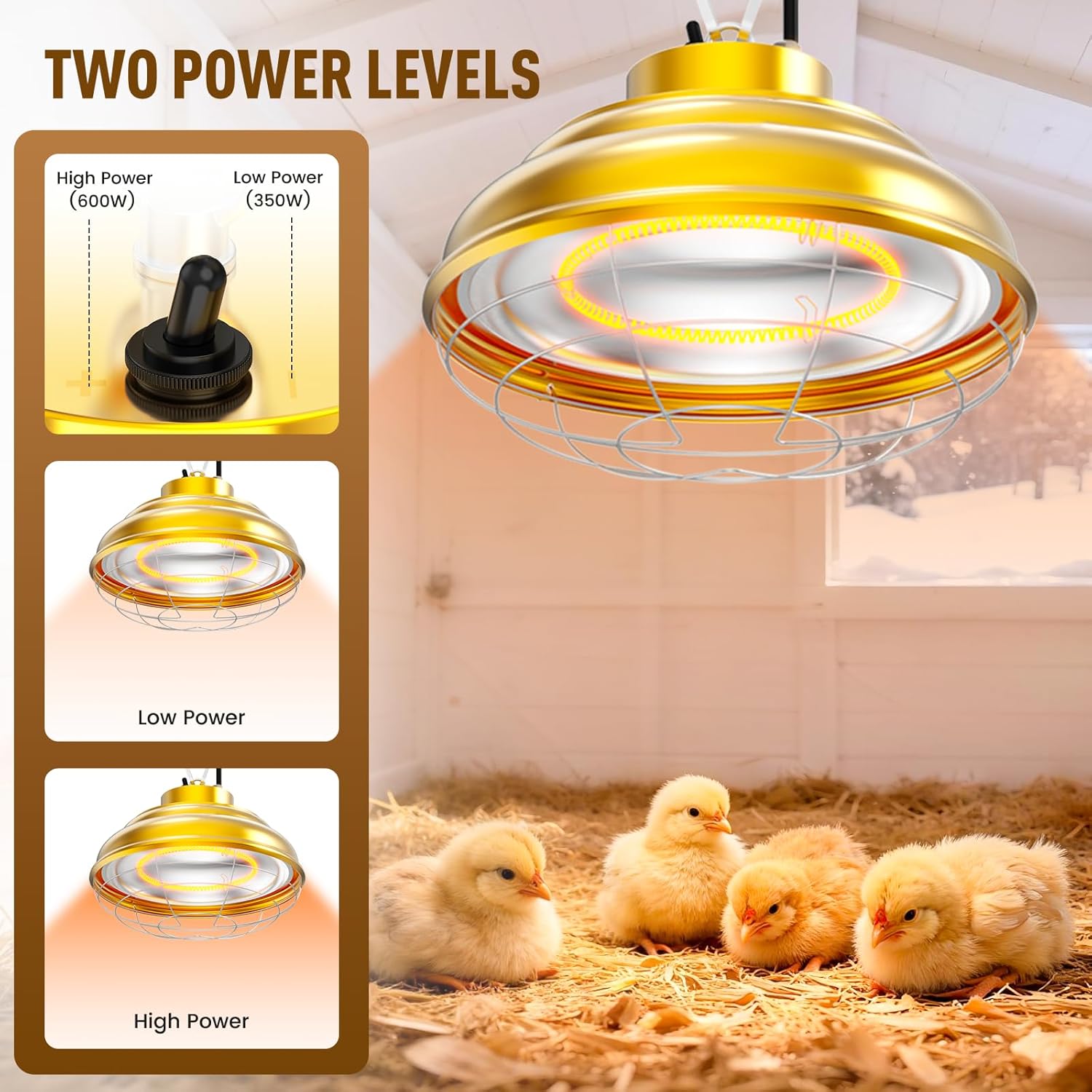 600 Watt Large Heat Lamp for Chicken Coop, Hanging Chicken Coop Heater, Carbon Fiber Bulb Waterproof Coop Heater with 2 Heating Levels, Chicken Warmer Lamp for Indoor Poultry Pet Livestock Greenhouse