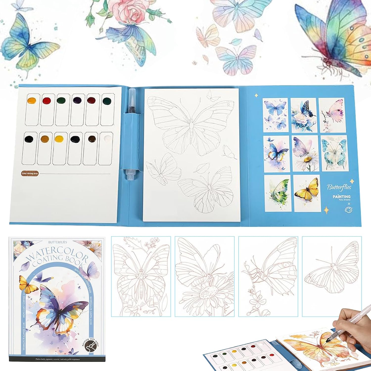 Travel Watercolor Kit for Adults & Beginners, Pocket 3-Fold Watercolor Coloring Book, All-in-One Creative Stress Relief Art Kit, Portable Watercolor Painting Books, Butterfly Theme
