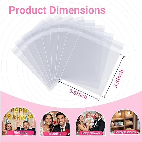 Miniatura 3 de ROSPAKTEK 100 bolsas de macarrón transparentes de 3.5 x 3.5 pulgadas, bolsas de oro cubiertas de chocolate, bolsa de galletas, bolsa de celofán,