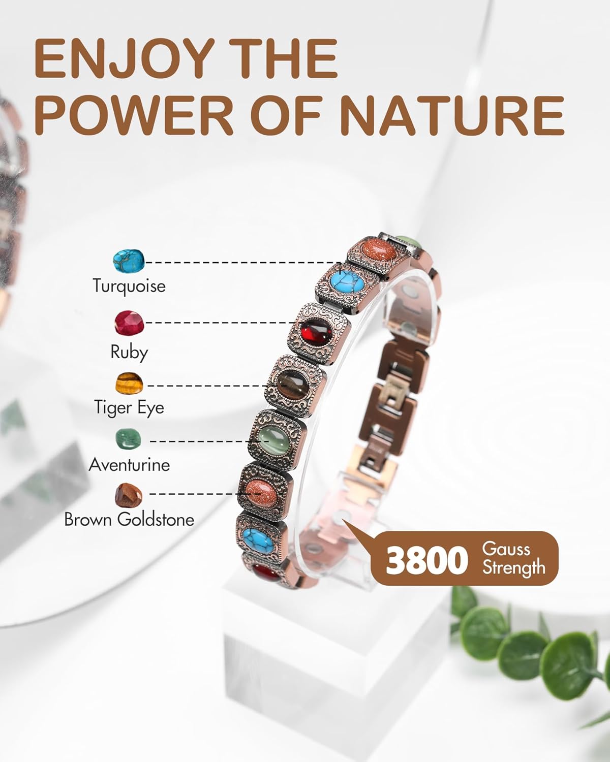 Feraco Pure Copper Bracelets for Women, Ultra Strength Magnetic Bracelet with 3800 Gauss Magnets & Natural Turquoise & Stones, Adjustable, Jewelry Gift - Image 3