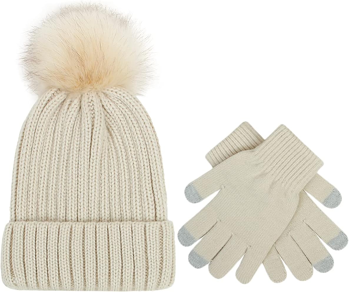 DANMYWomen Beanie Hats Winter Gloves, Soft Knit Warm Hat and Gloves Sets, Lady Earmuffs Cap,Beanie Hats for Women Young Girls