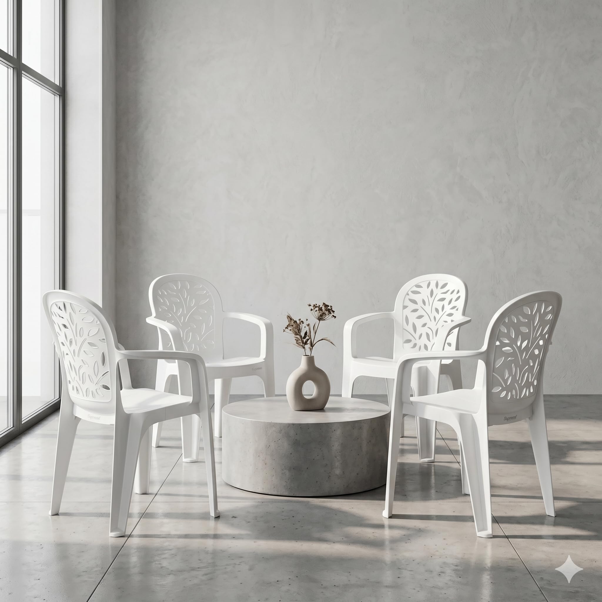 oaknest supreme craft designer armrest stackable plastic chair with 6 months warranty (color: milky white ; set of 4 piece)