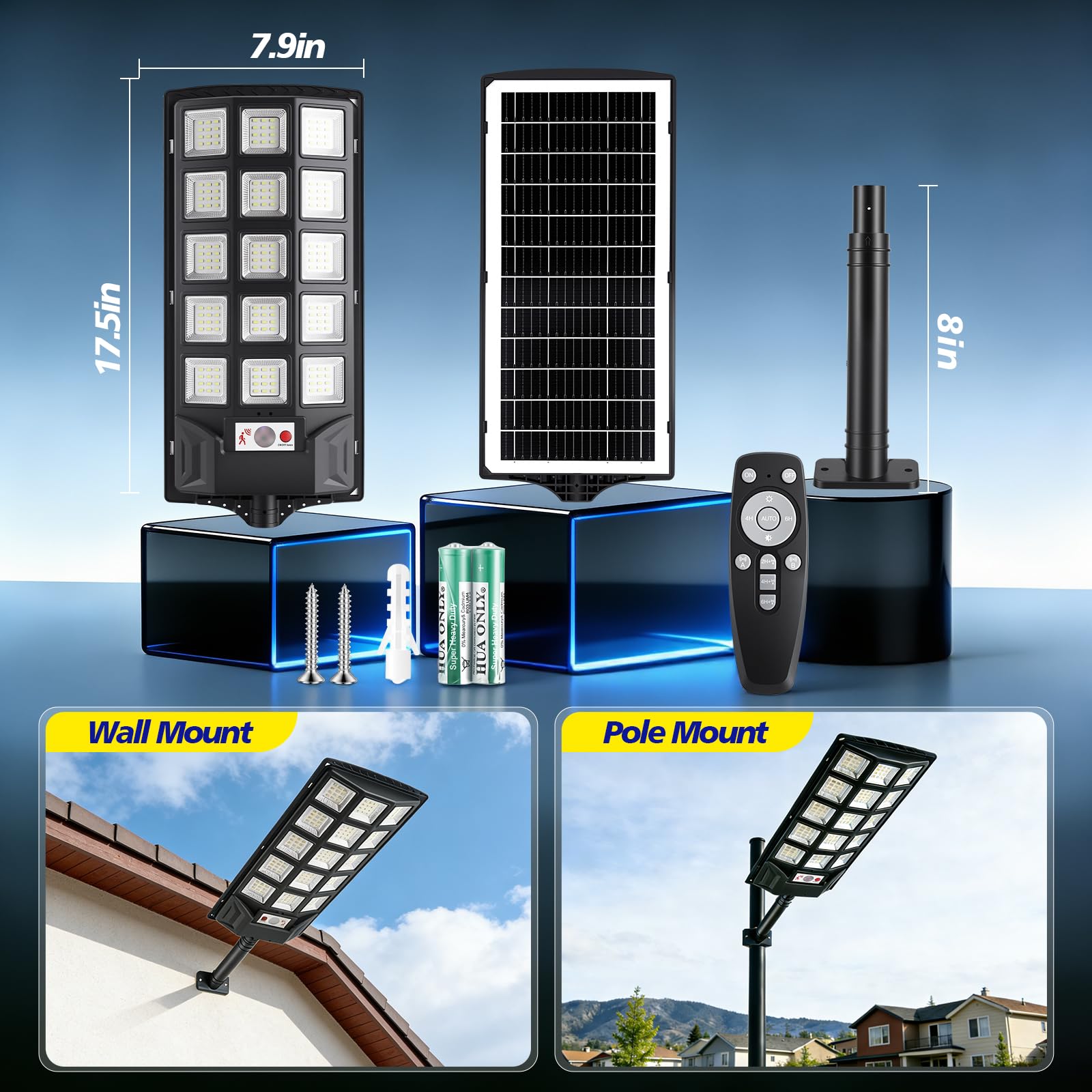 Lámparas solares de 1000 W para exteriores, 2 unidades con mando a distancia, 6500 K, farola solar de calle, crepúsculo hasta el amanecer, IP66, lámpara solar de camino al aire libre para