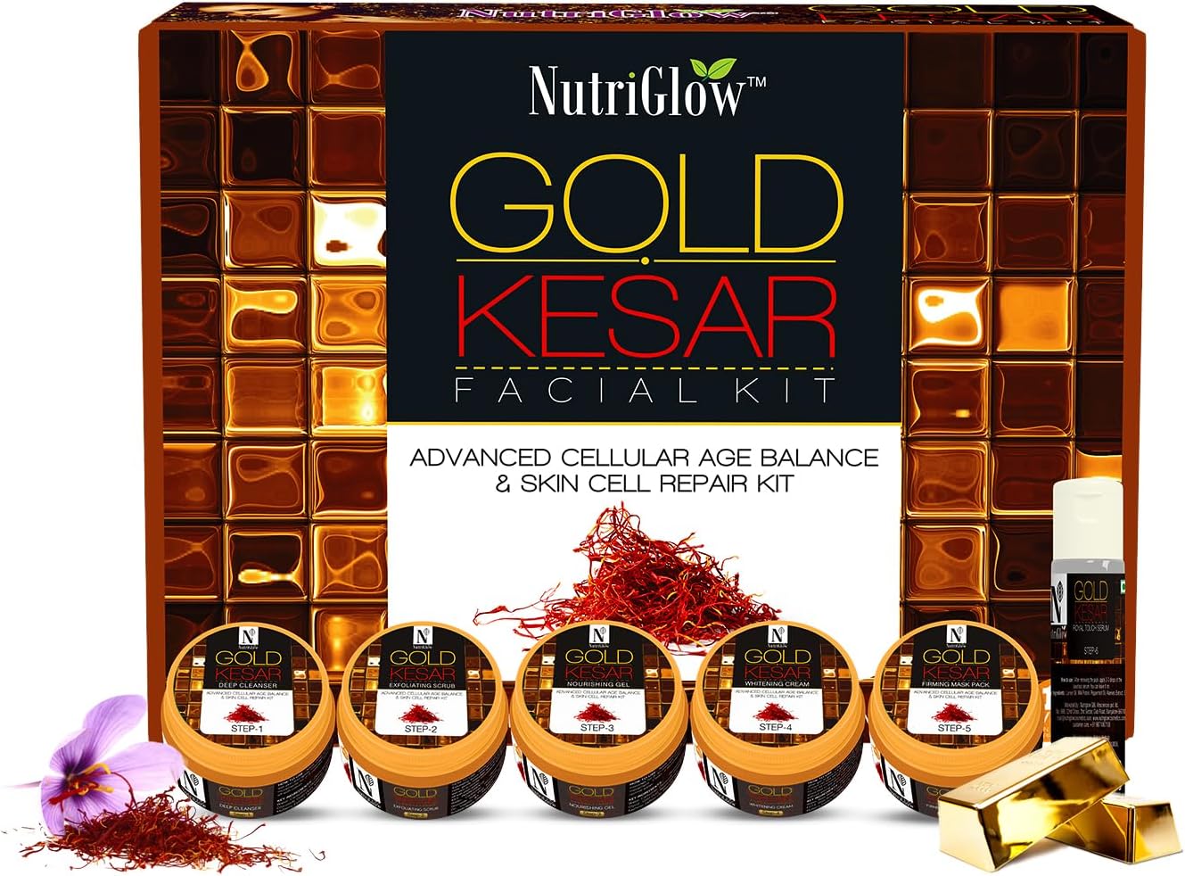 NutriGlow Gold Kesar Facial Kit — 6-Step Bridal Glow Facial with Saffron, Turmeric & Gold Extracts | Anti-Ageing, Skin Brightening & Radiance | At-Home Parlour Facial | All Skin Types | 250g + 10ml Serum
