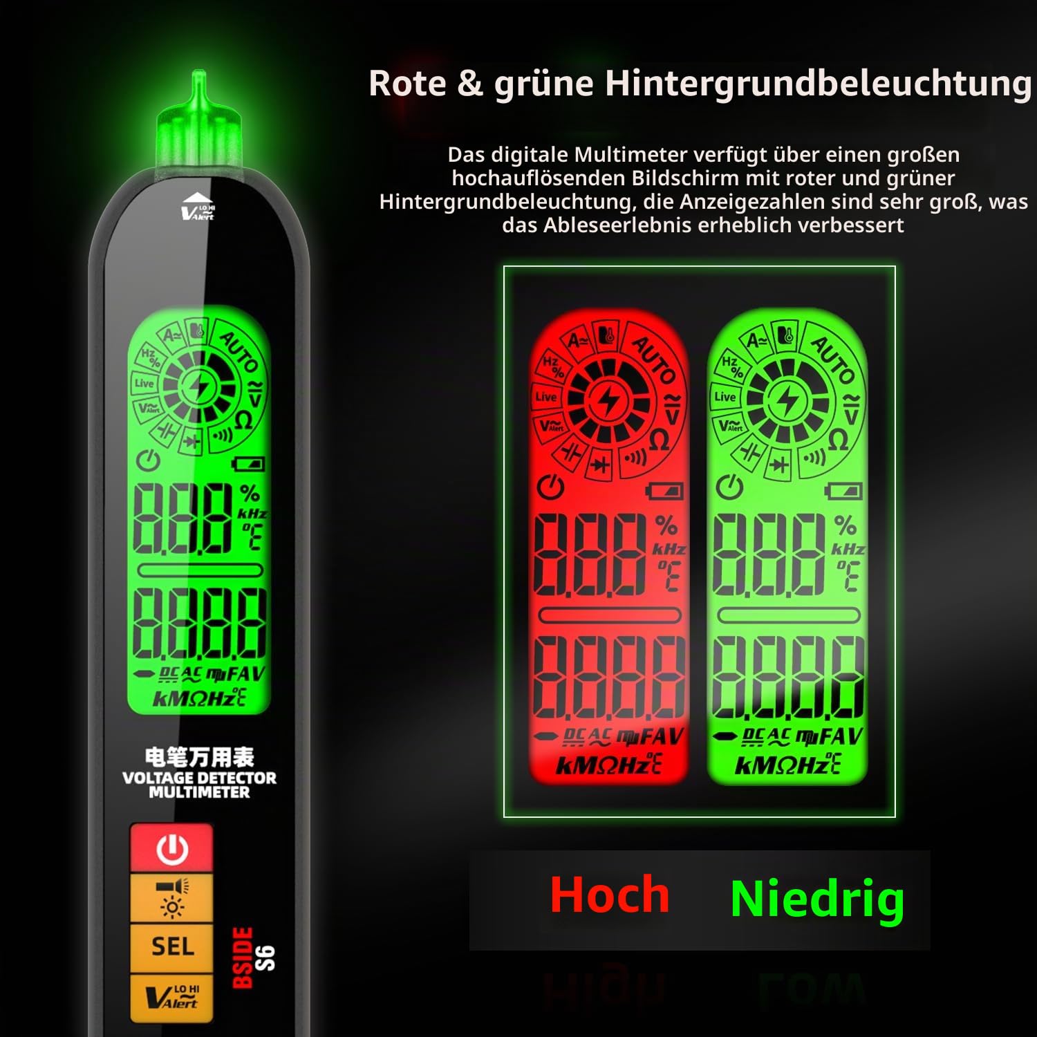 BSIDE S6 Spannungsprüfer Berührungslos Wiederaufladbar Elektrischer Tester mit Dreifach Display VFD Amperemeter Kapazitätsmesser Automatisch Multimeter Stift für Strom/Spannung AC DC Ohm Hz Durchgang