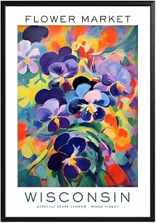 GroovyGrove Wisconsin Flower Market Poster Wall Art, US State Floral Wall Art Print, Abstract Neutral Botanical Wall Art Decoration for Office, Bedroom, Living Room (Unframed)