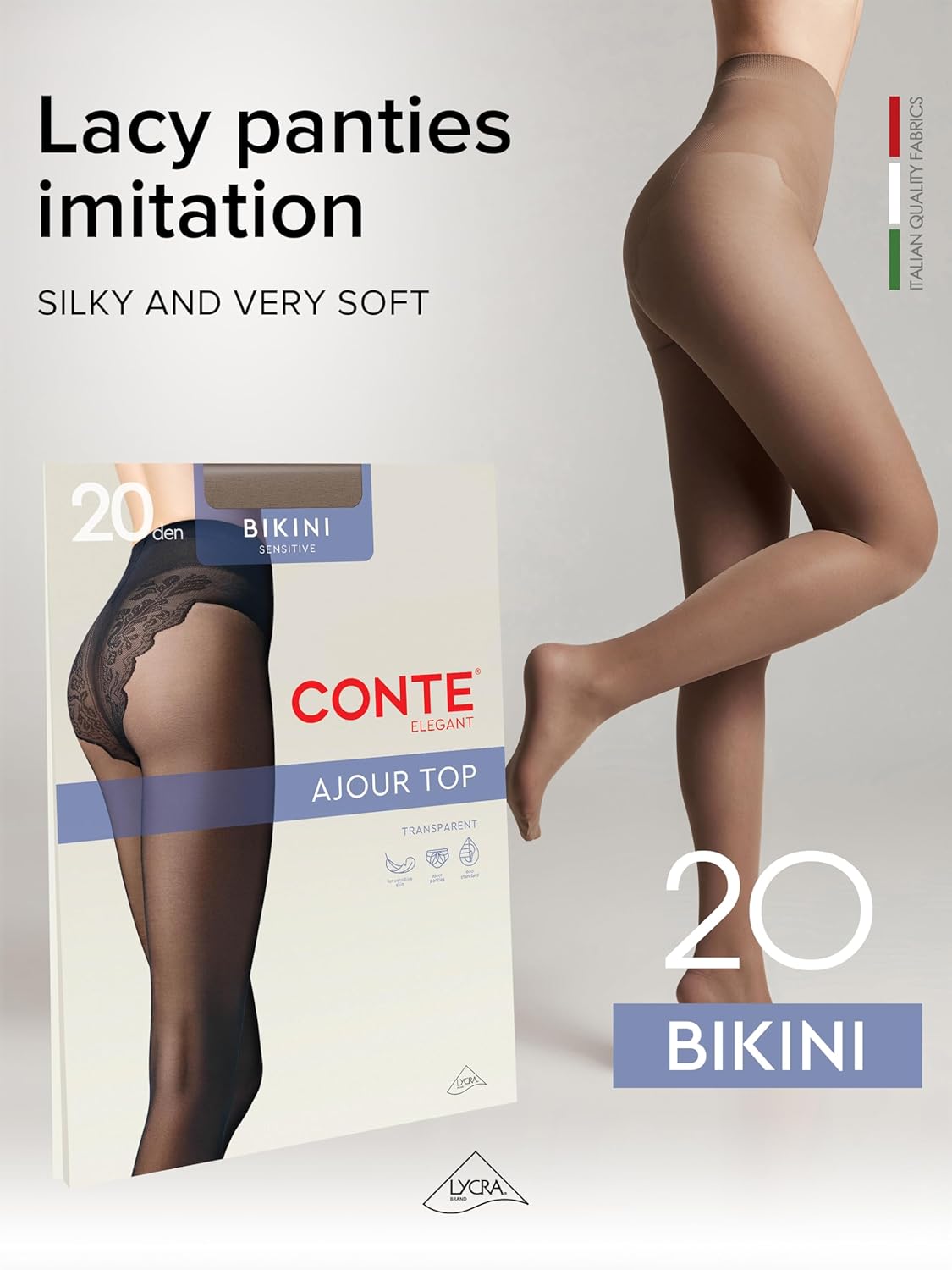 Conte French Cut Sheer Pantyhose Tights with Lace Top Panties Bikini 20 Den - Image 2