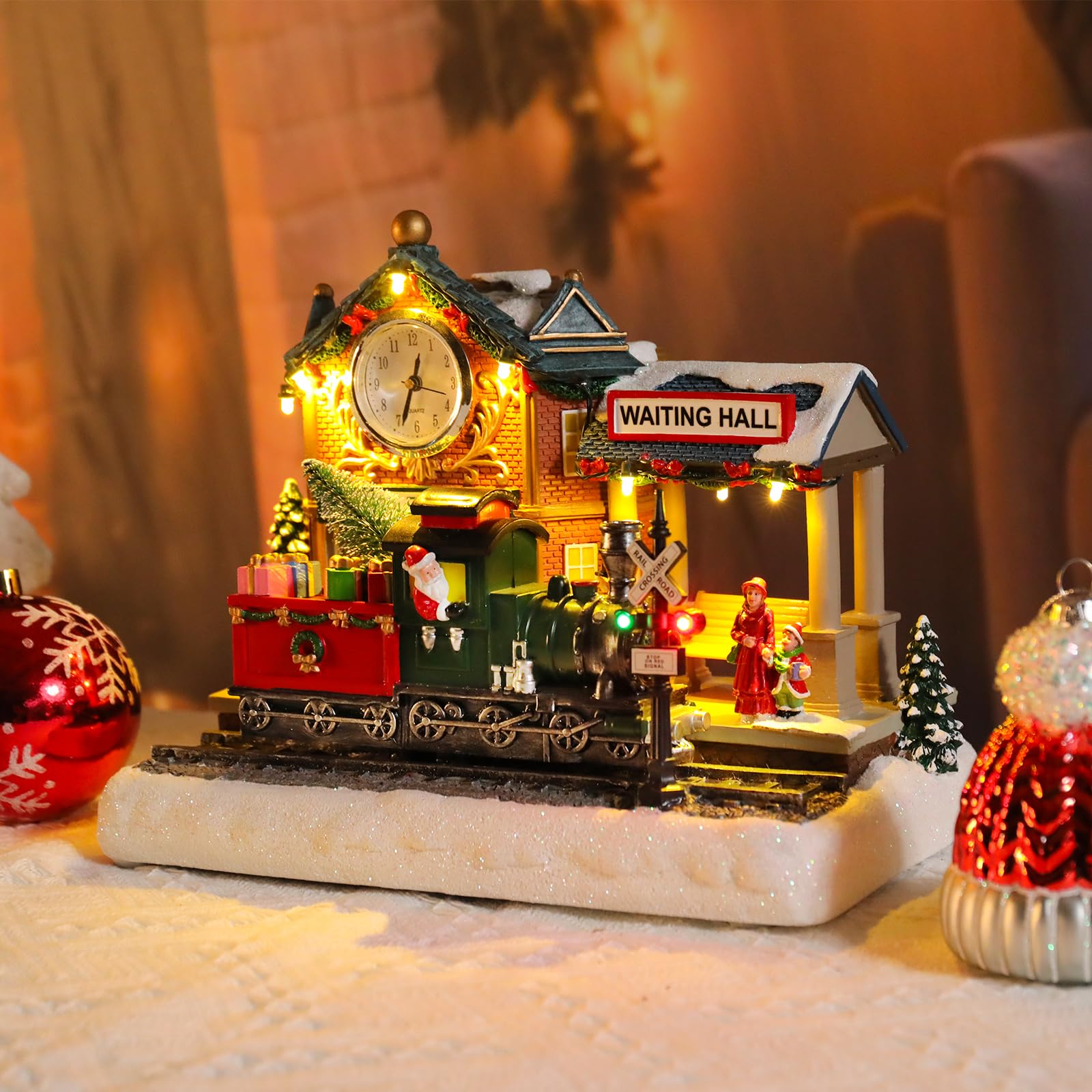 WONDER GARDEN Weihnachtshäuser, Weihnachtsdorfhaus, Dorf, beleuchtete Musik-Bahnhofs-Sammelgebäude mit beweglichem Zug, für Zuhause, Innendekoration oder Geschenk