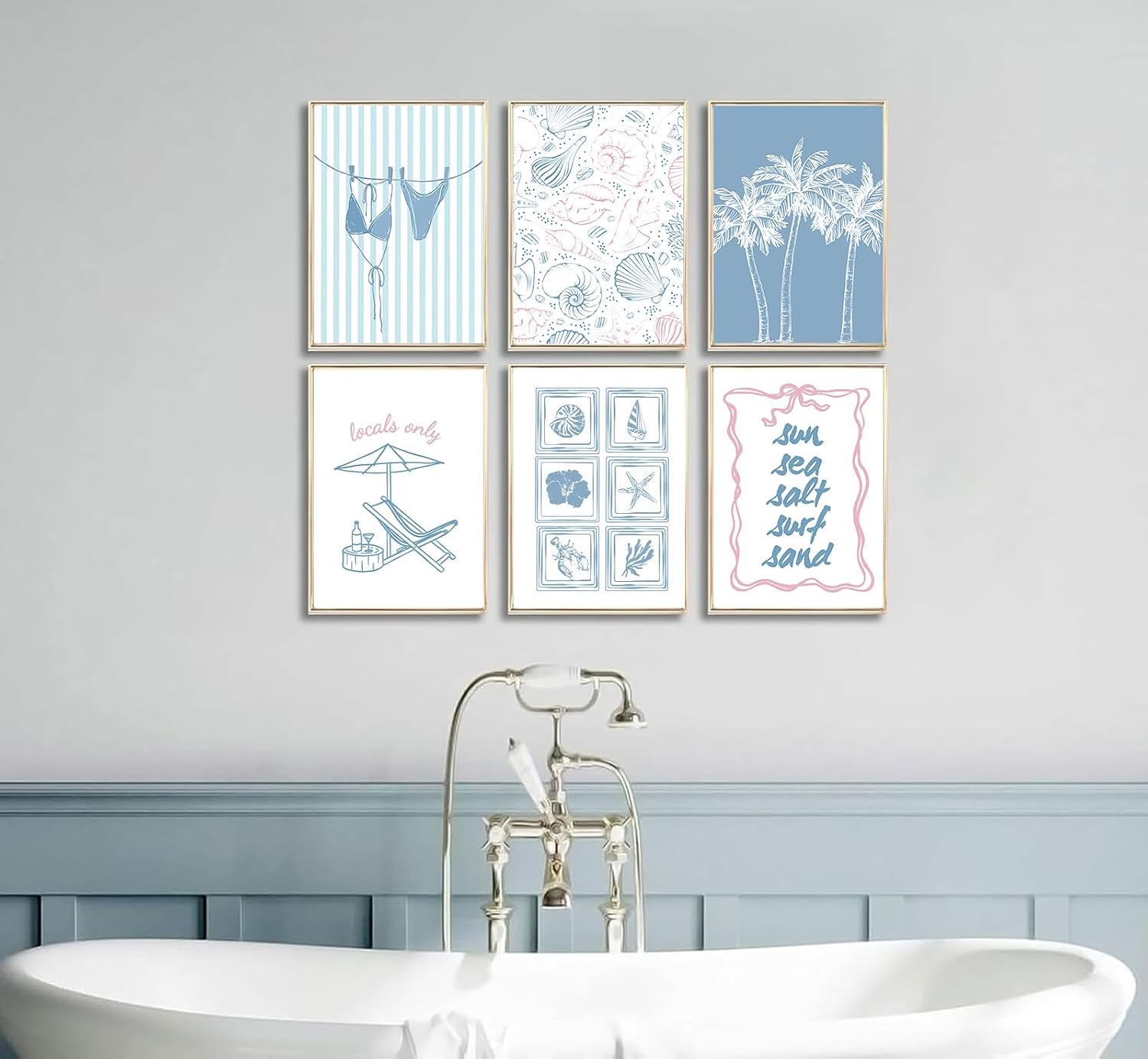 Devunaty 6pcs Blue Pink Coastal Wall Art Poster Shell Bikini Palm Tree Pictures Coastal Granddaughter Wall Decor Summer Beachy Aesthetic Artwork for Girly Room Dorm Apartment Decor 12x16in Unframed