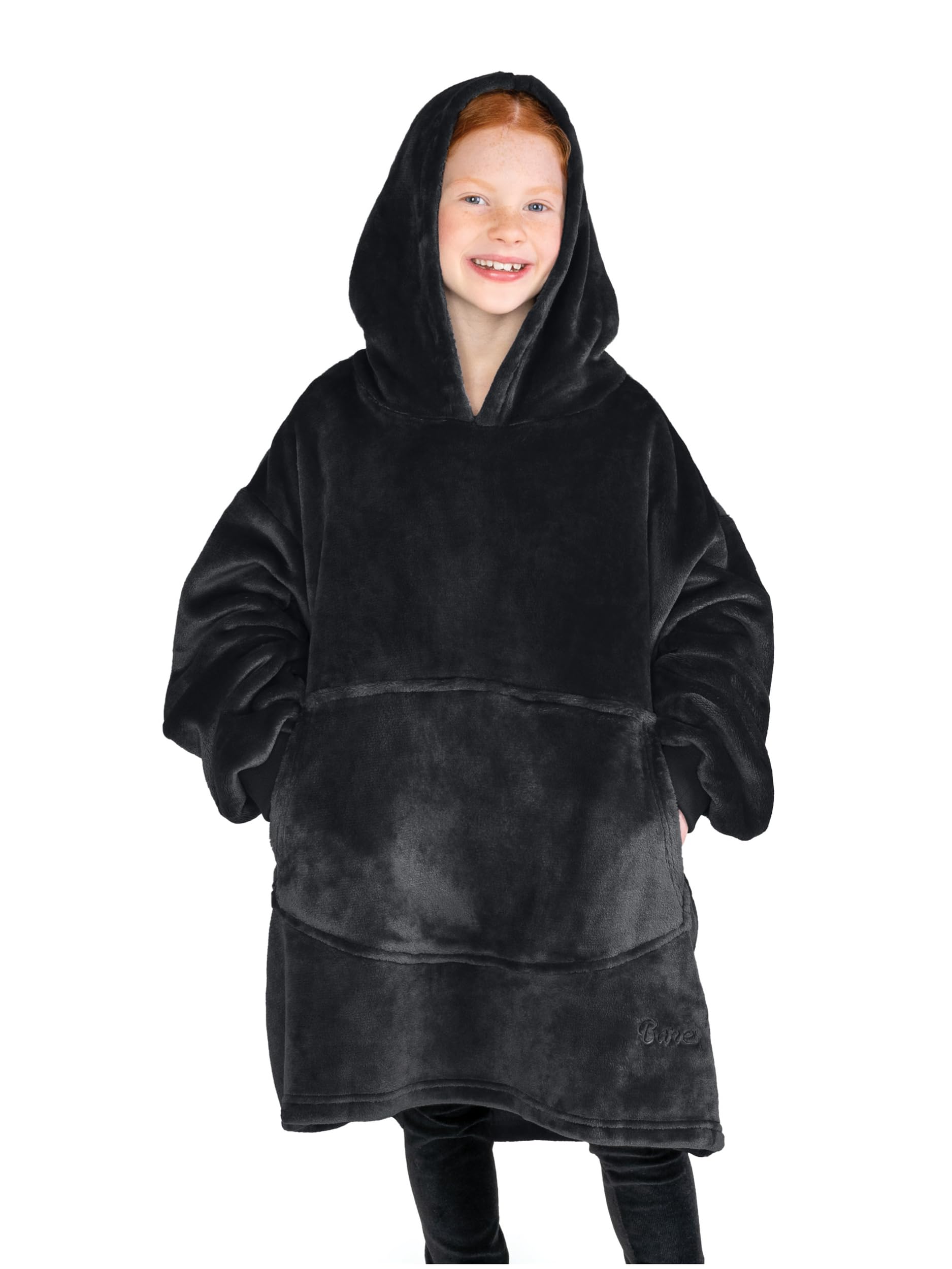 Bare Home Microplush Wearable Blanket with Front Pocket - Soft and Plush - Warm and Cozy - Adult & Kid Sizes (Kids, Black)