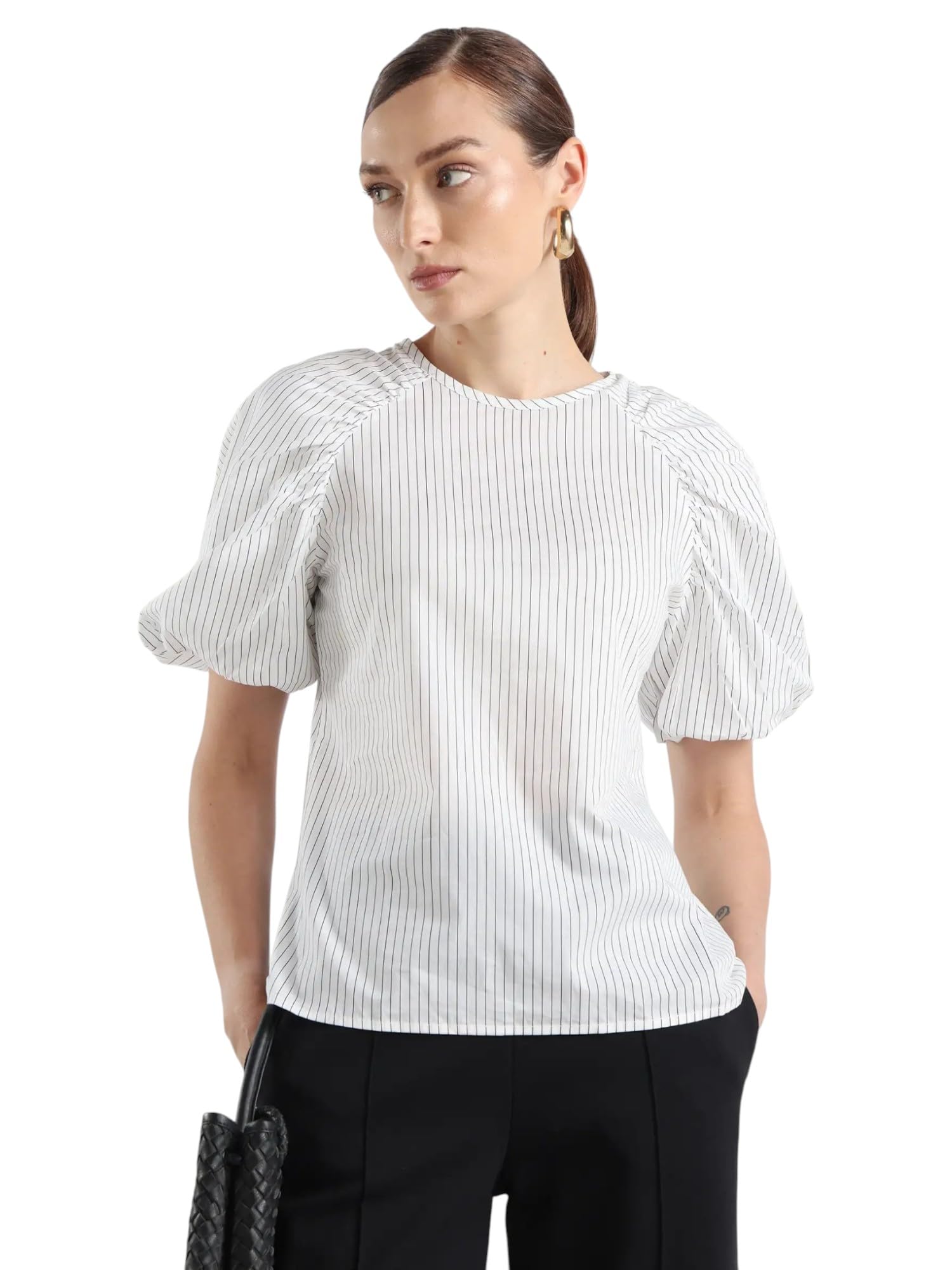 rareism Women's Bobb White Cotton Drop Collar Striped Raglan Sleeve Regular Fit Top-picture-19