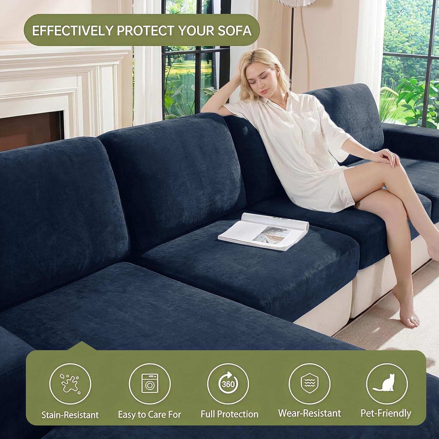 YEMYHOM Velvet Plush Couch Cushion Covers,Luxurious Anti-Slip Seat Cushion Cover for Sectional Sofa - Soft, Washable, Pet-Friendly Modular Furniture Protector for Living Room (1 Pc Large Cover, Navy)