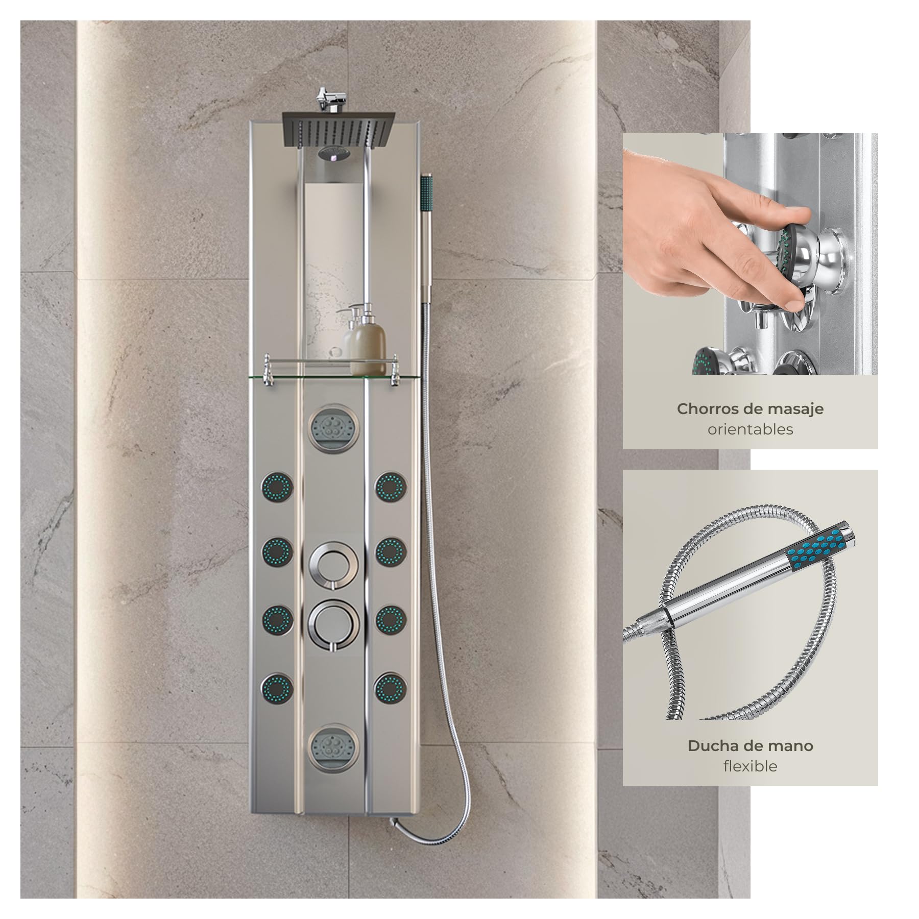 tectake® Columna Ducha con Hidromasaje, Grifo Ducha y de Mano, 10 Chorros Masaje, Diseño Moderno, Fácil Instalación, Anticalcáreo, Duchas de Baño, Estructura de Aluminio - Plateado