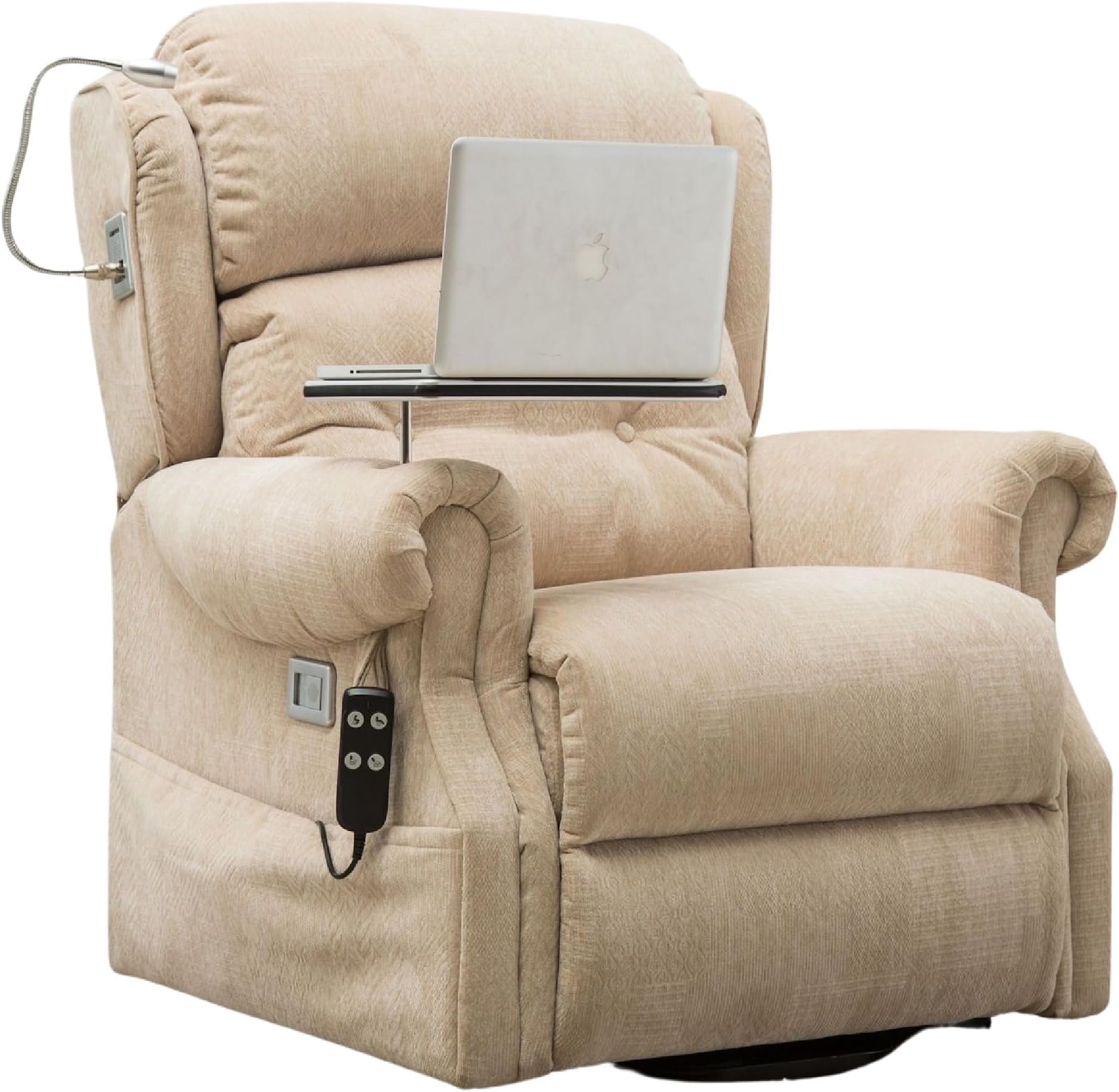 Stanbury dual motor riser recliner chair with table, USB charger and reading lamp (Fabric, Dune)