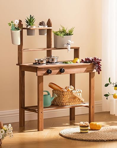 ROBUD Cocina de barro para niños al aire libre, cocina de madera al aire libre, cocina de barro para niños con fregadero y grifo extraíbles,