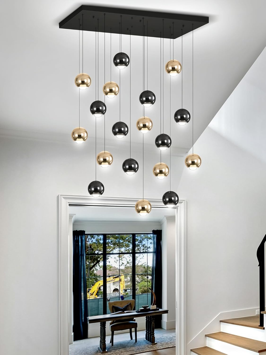 Rectangular Chandelier Crystal Balls Chandeliers Flush Mount Ceiling Light for Dining Room Living Room High Ceiling Chandelier for Staircase Foyer Entryway Black and Gold Chandeliers 2700k-6000k