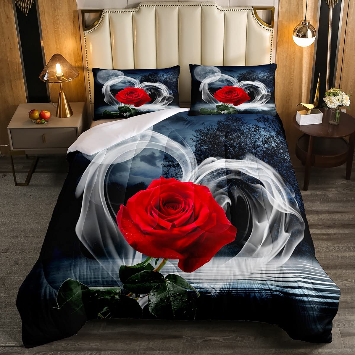 Juego de ropa de cama con diseño de rosas en 3D, diseño de rosas y flores románticas para niños, niños, niñas, árboles de la luna, juego de edredón y colchas de naturaleza