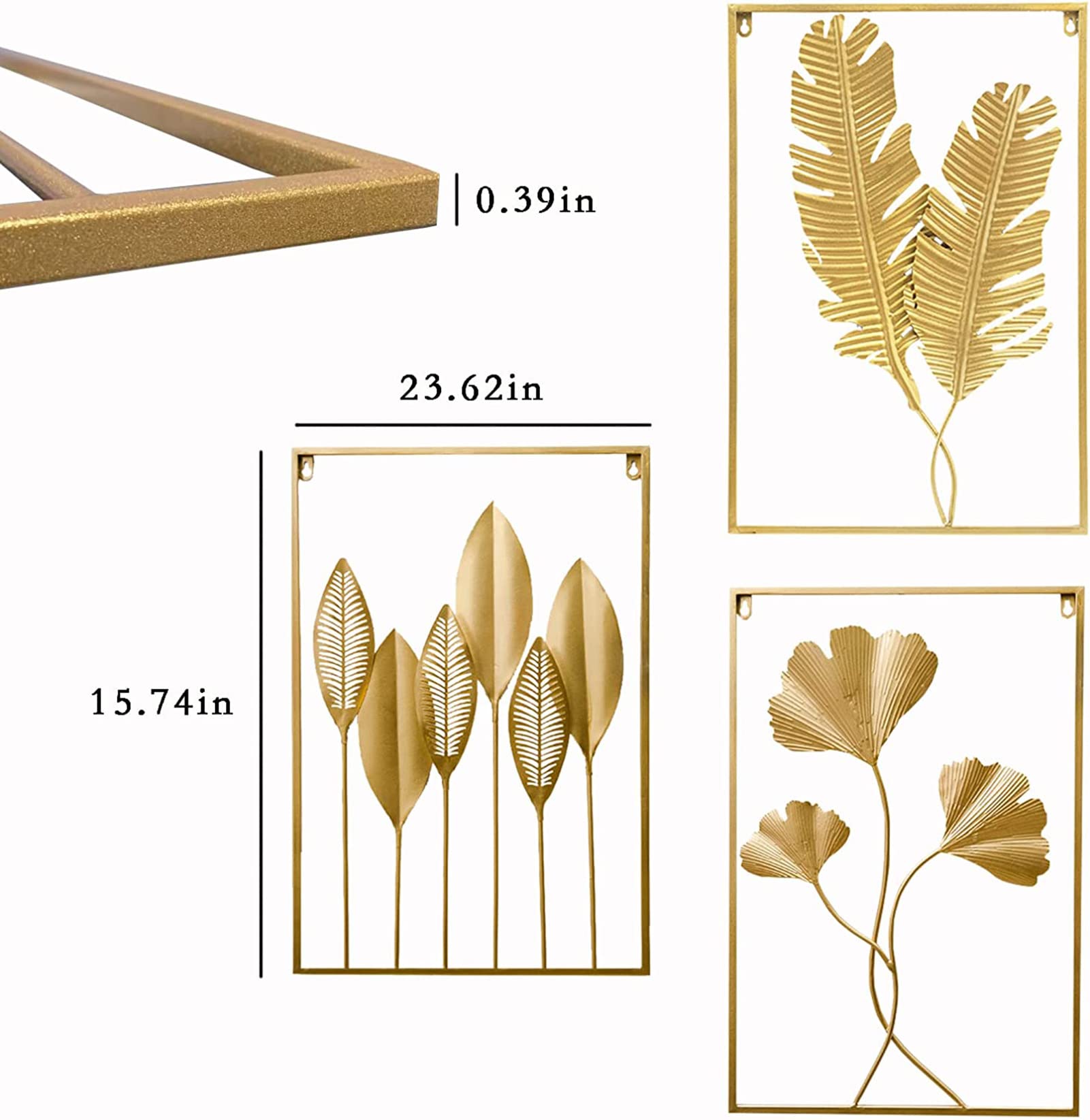 Déco Murale Métal Doré - Lot De 3 Panneaux 60x40cm - Motifs Feuilles - Style Moderne Et Élégant