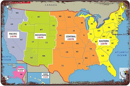 Rosefinch Stone Letrero de metal retro divertido en hoja, letrero de hoja, mapa de zona horaria de EE. UU., decoración de pared para el hogar al disponible en Yaxa Colombia