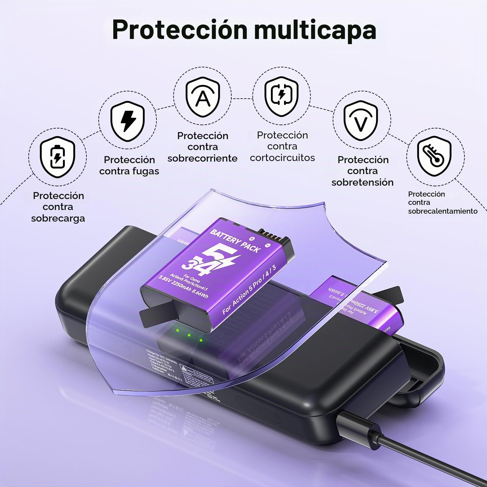 Osmo Action 6/5 Pro/4/3/360 Baterías y Cargador - 2250mAh Baterías para dji Osmo 360/Action 6/Action 5 Pro/Action 4/3, Estuche de Carga rápida USB con Cable Tipo C (2*Baterías+1*Cargador)