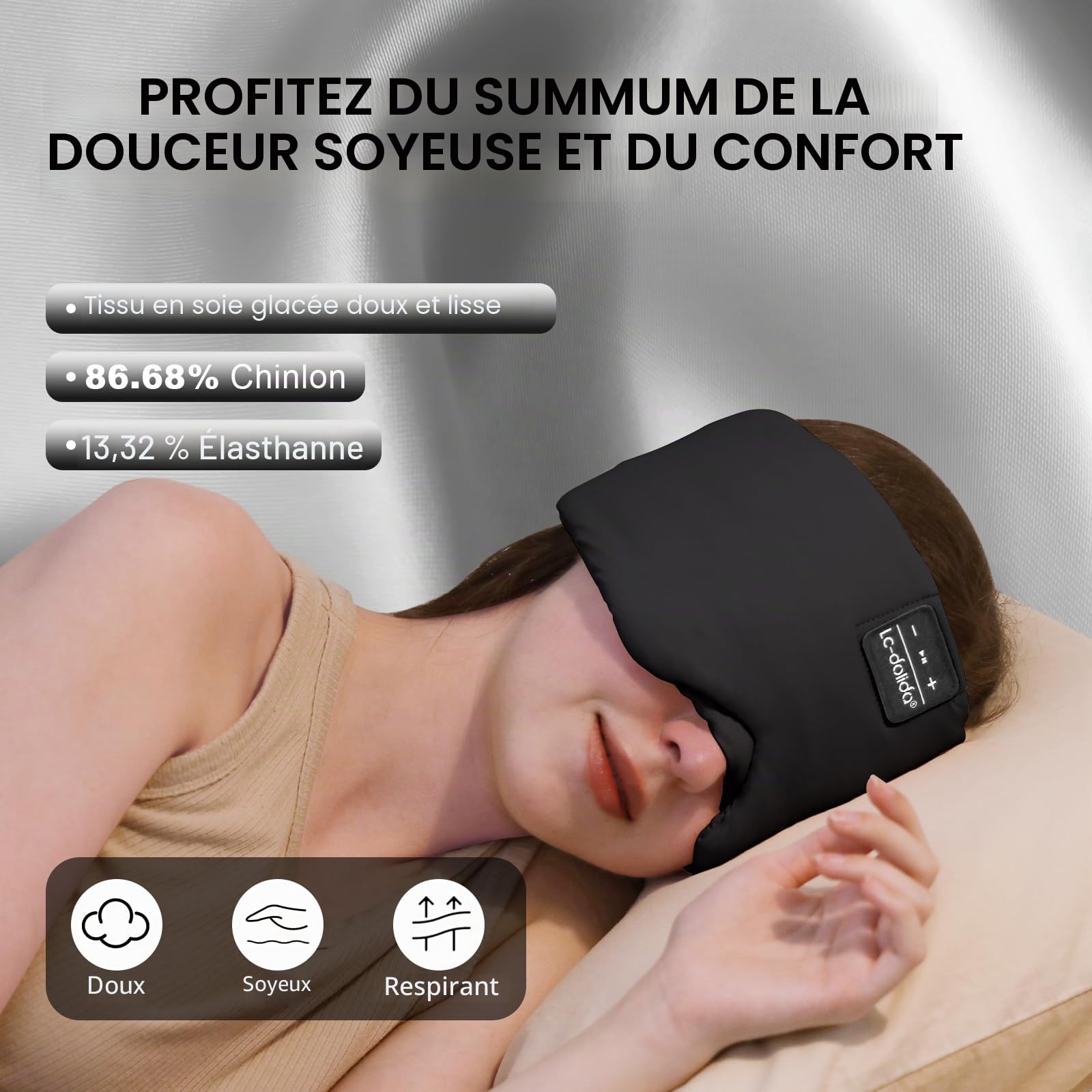 LC-dolida Masque de sommeil Bluetooth, casque de sommeil élargi amélioré avec casque sans fil intégré pour homme et femme, casque de sommeil réglable pour les personnes dormant sur le côté, cadeau de