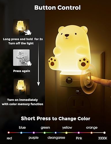 Miniatura 4 de L LOHAS LED Luz nocturna para niños, 3D lindo oso luz nocturna enchufable, luces nocturnas del atardecer al amanecer, RGB+blanco suave 3000K, 3
