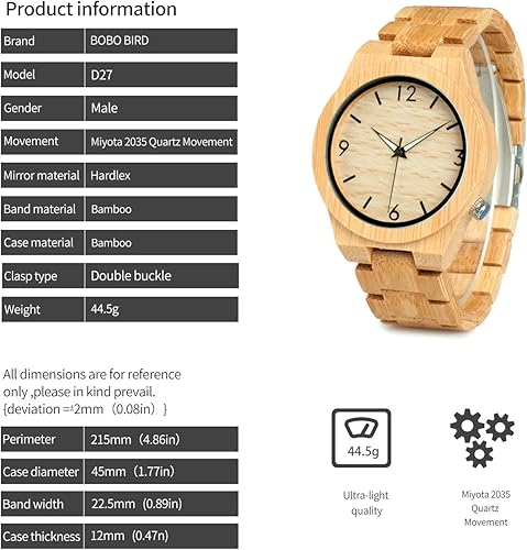 Miniatura 5 de BOBO BIRD D27 Reloj de madera de bambú para hombre con escala numérica de cara grande reloj de cuarzo ligero y casual deportivo con caja de regalo