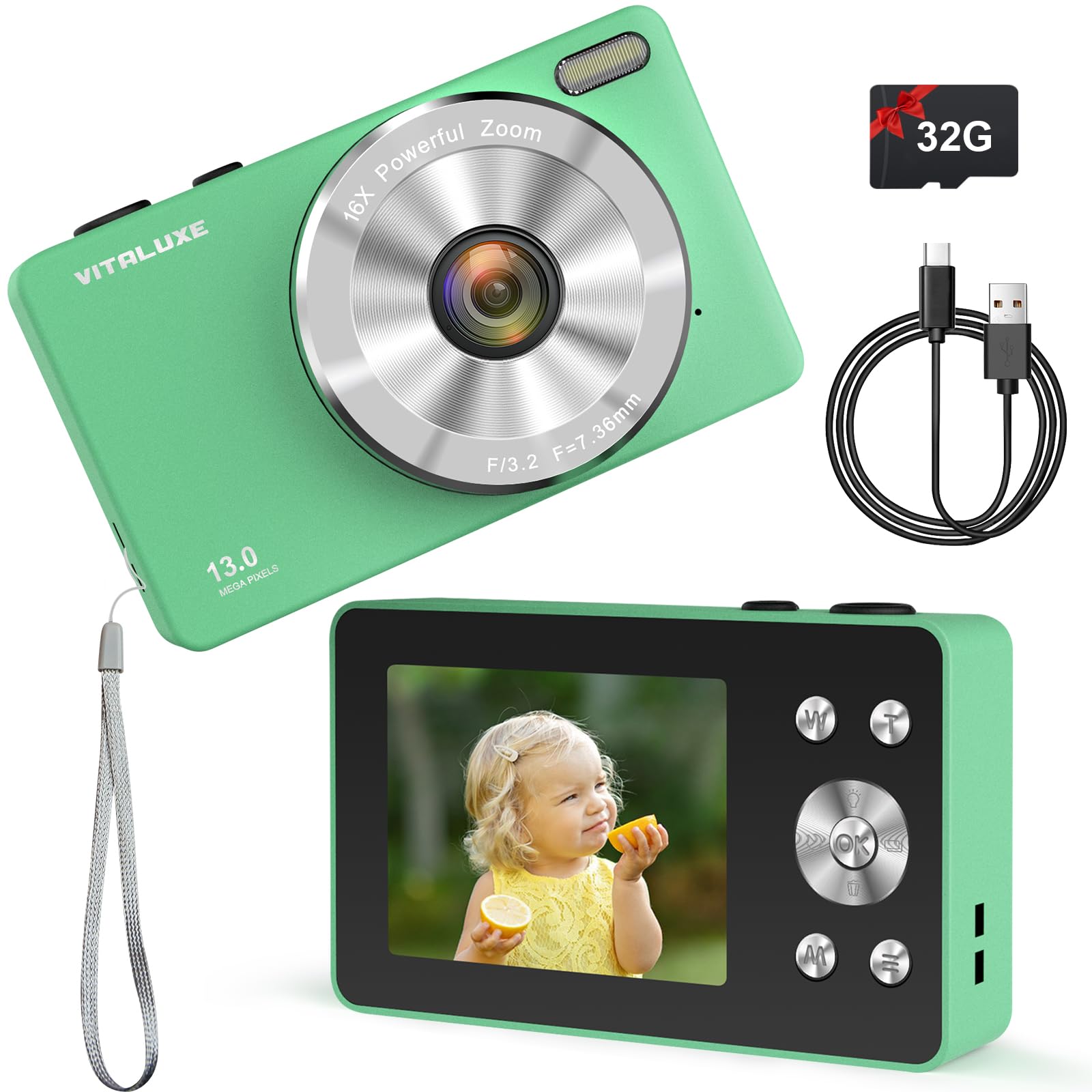 4K Digital Camera, Camera for Kids Real 13MP Point and Shoot Digital Cameras with 32GB SD Card 16X Zoom, 2.83'' Portable Vintage Small Camera for Teens Kids Boys Girls Gift Green