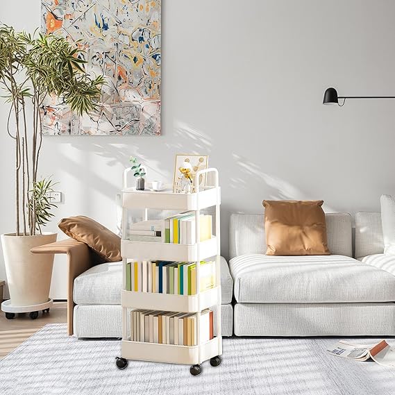 Mobile Bookshelf with Wheel, 3/4 Tiers Movable Bookshelf Cart Organizer, Movable Rolling Storage Book Cart for Library, Home, Laundry Room