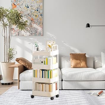 Mobile Bookshelf with Wheel, 3/4 Tiers Movable Bookshelf Cart Organizer, Movable Rolling Storage Book Cart for Library, Home, Laundry Room