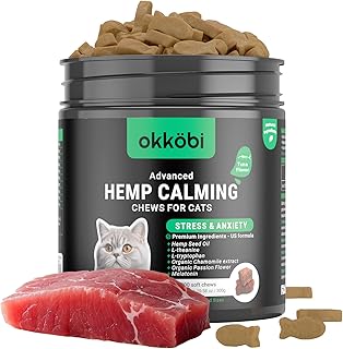 OKKÖBI Hemp Calming Chews for Cats (200 pcs) – Anxiety Relief with Melatonin – for Stress, Travel, Vet Visits, Grooming – Calming Treats for Felines - Tuna Flavor