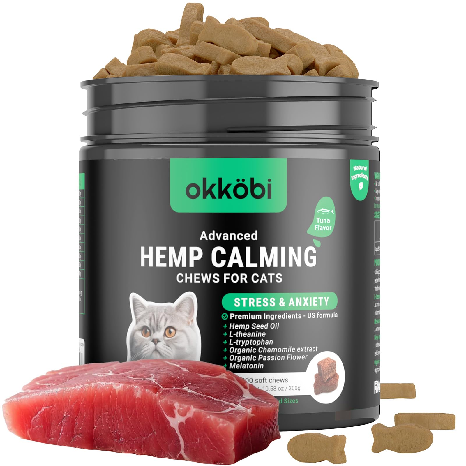 Hemp Calming Chews for Cats (200 pcs) – Anxiety Relief with Melatonin – for Stress, Travel, Vet Visits, Grooming – Calming Treats for Felines - Tuna Flavor