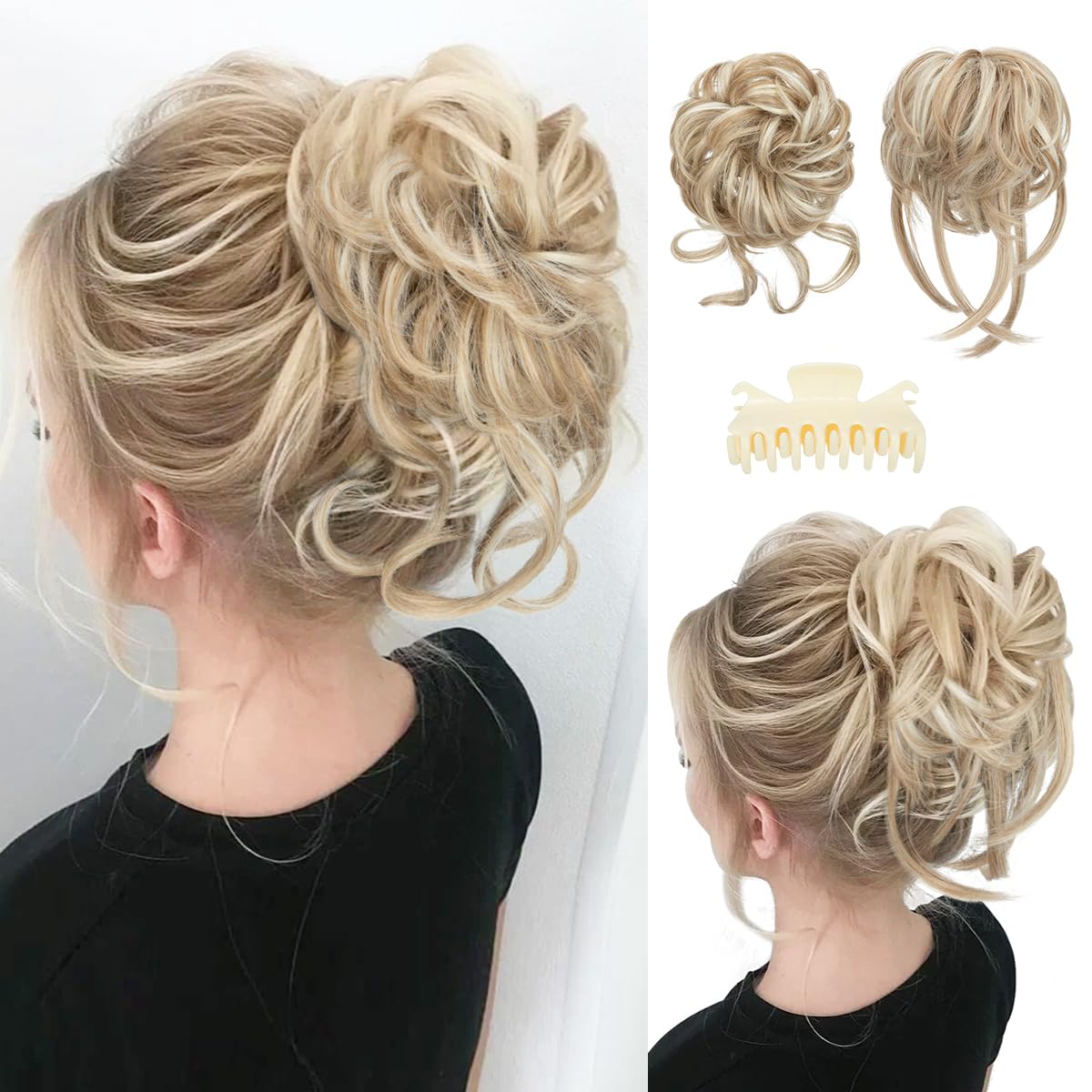 SARLA 2PCS Messy Bun Hair Pieces for Women Detachable Claw Clip Wavy Curly Synthetic Hairpieces for Updos with Tendrils Fake Scrunchies Ponytail