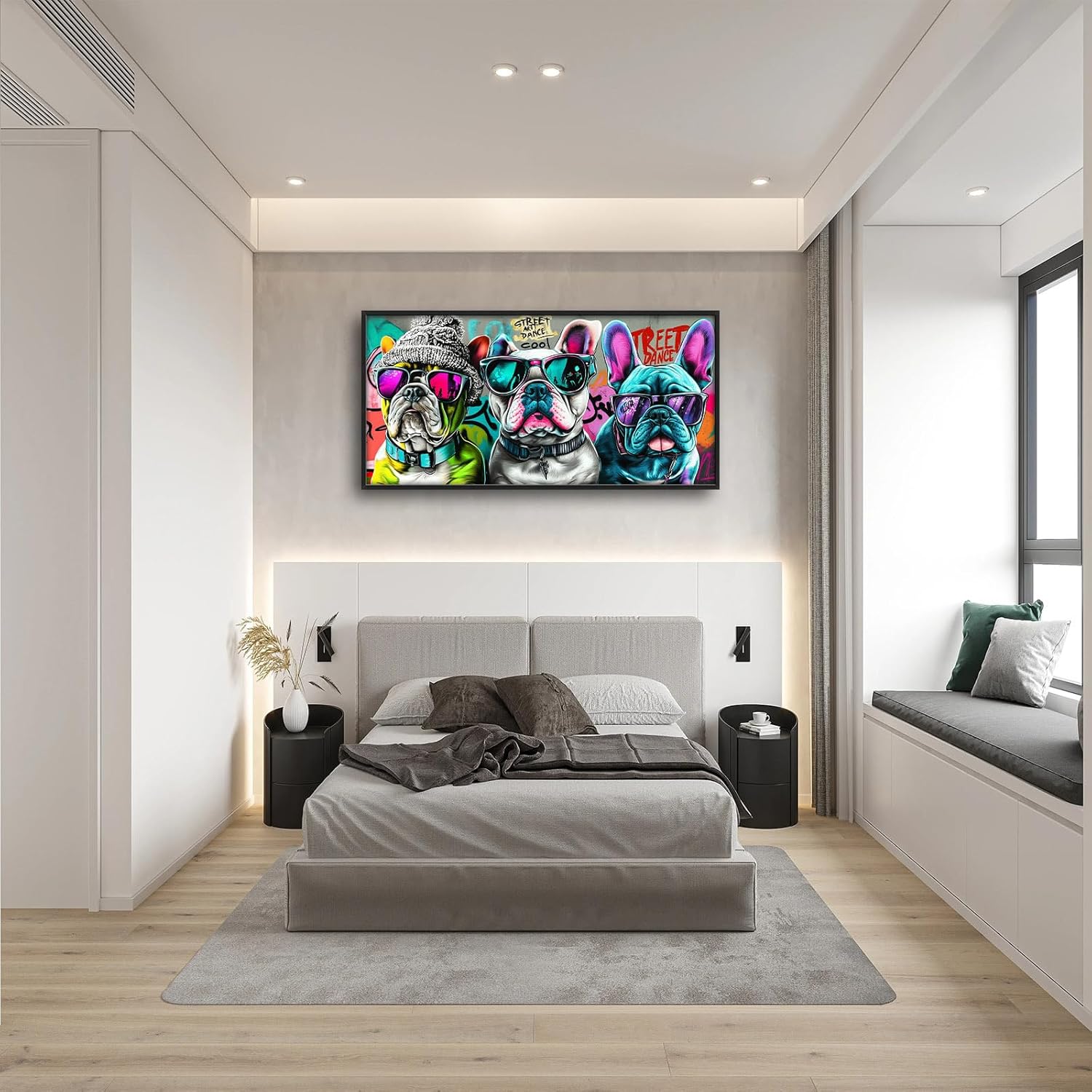 Olivine Banksy Large Wall Art, Graffiti Bulldog Pictures Wall Decor, Funny Dog Painting, Street Pop Canvas Prints, Framed Artwork for Dining Room Living Room Bedroom Bathroom Office Home Decor 60"x30"
