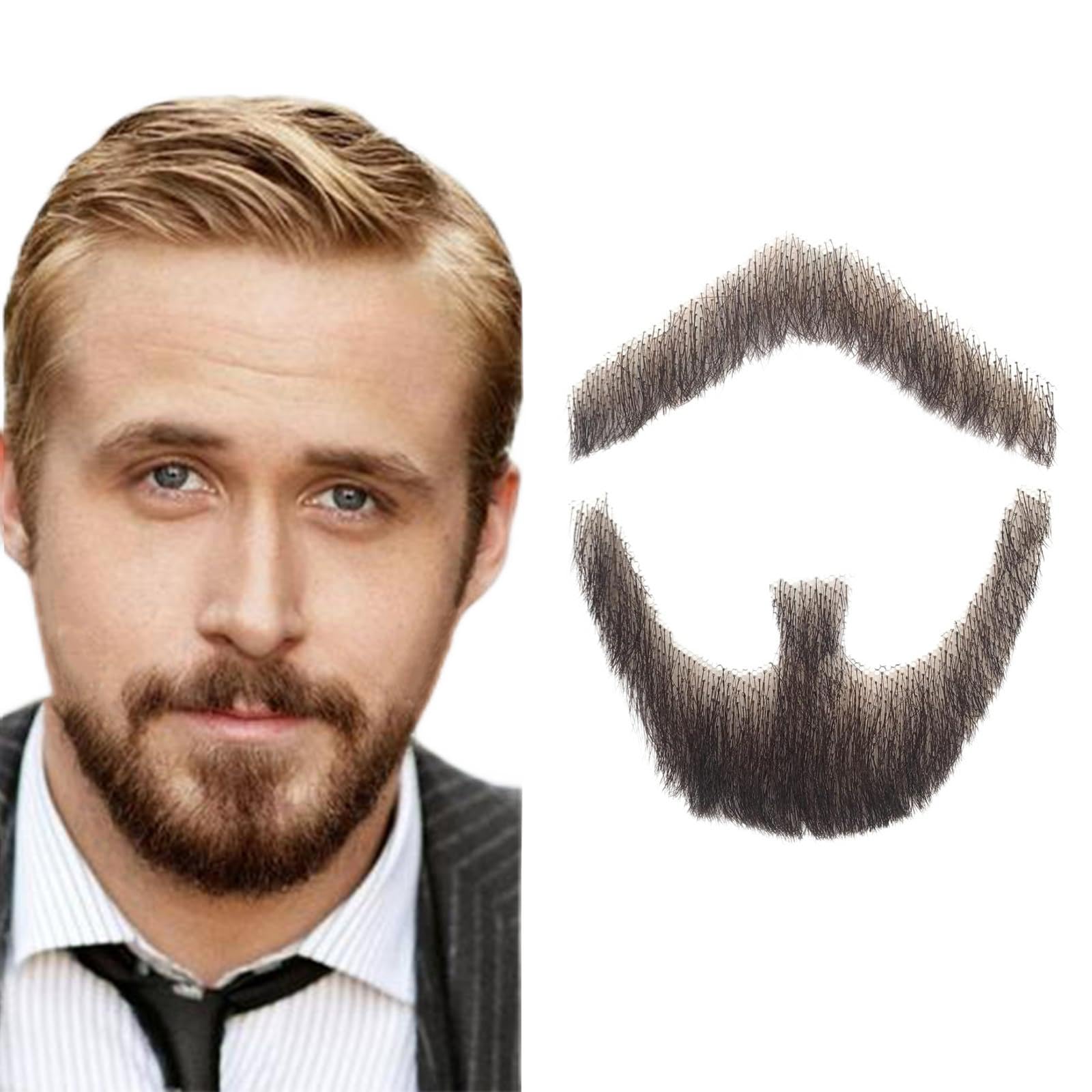 QiurevaFake Mustache Fake Beard Realistic 100% Human Hair Full Hand Tied Goatee False Beards Lace Invisible Fake Mustache for Halloween Dressing Men Makeup Entertainment/Drama/Party/Movie Brown